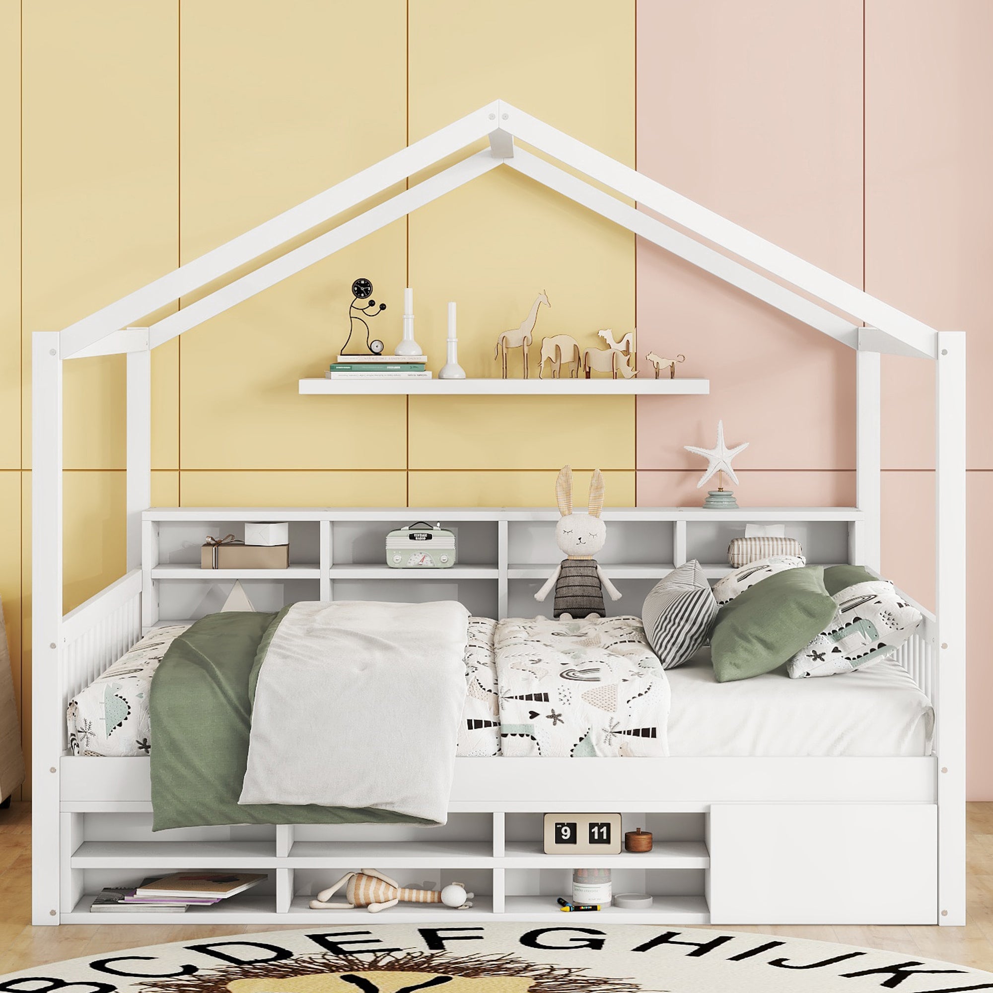 Full Size Wooden House Bed with Shelves and a Mini-cabinet, White - Atlantic Fine Furniture Melbourne FL