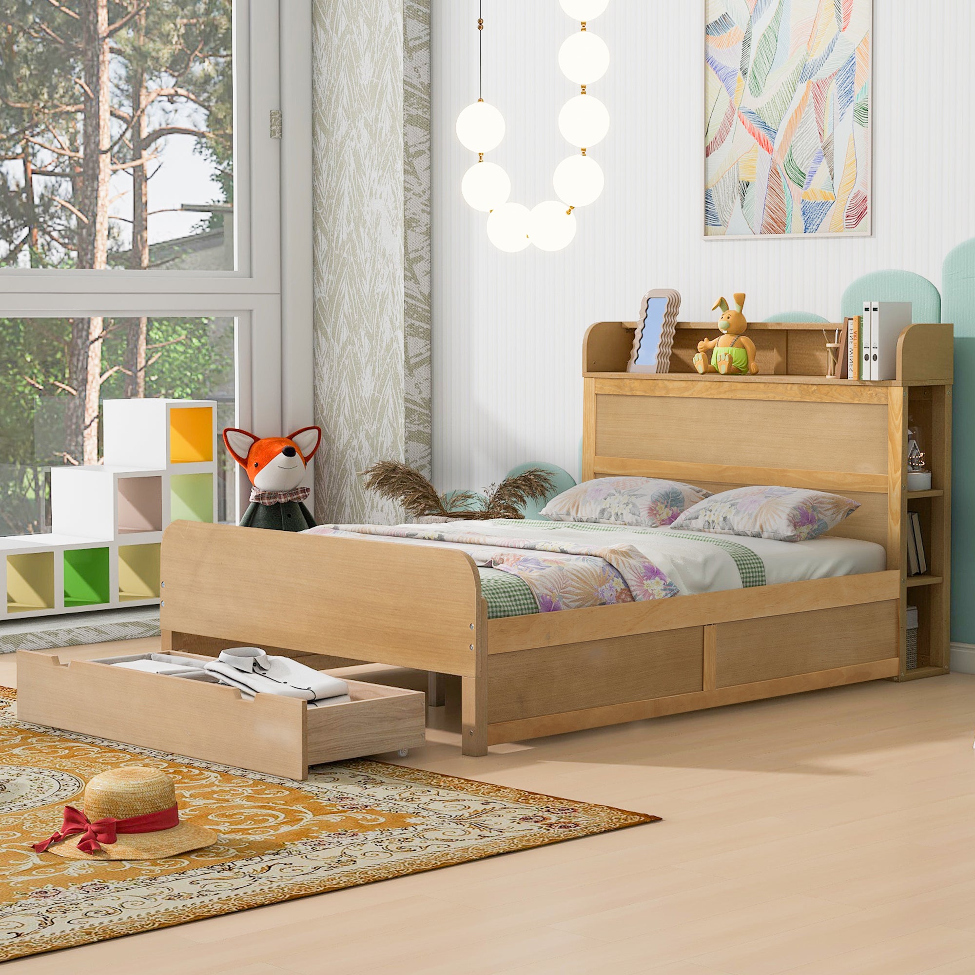 Full Size Platform Bed with Storage Headboard and a Big Drawer, Wood Color - Atlantic Fine Furniture Melbourne FL