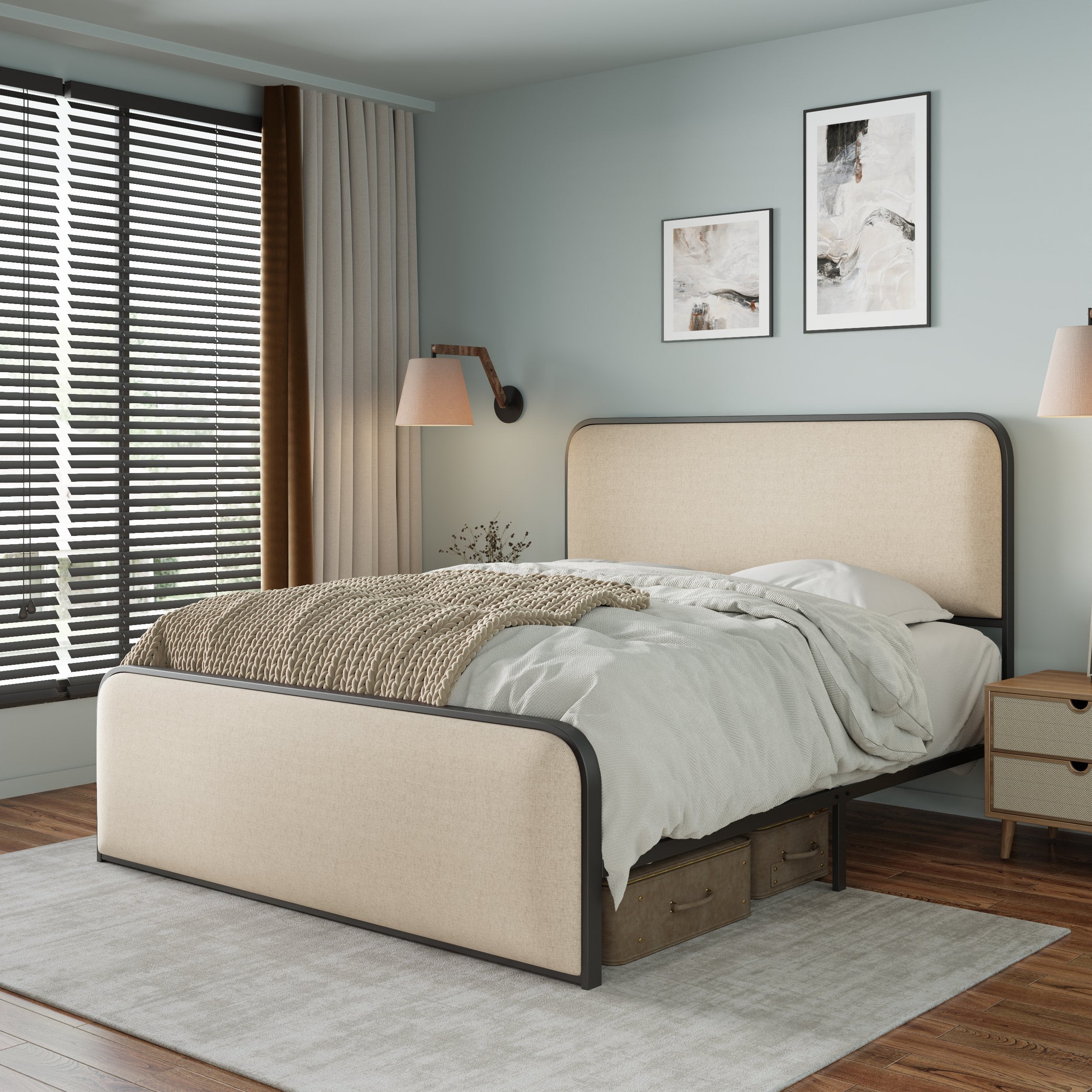 Modern Metal Bed Frame with Curved Upholstered Headboard and Footboard Bed with Under Bed Storage, Heavy Duty Metal Slats, Full Size, Beige - Atlantic Fine Furniture Melbourne FL