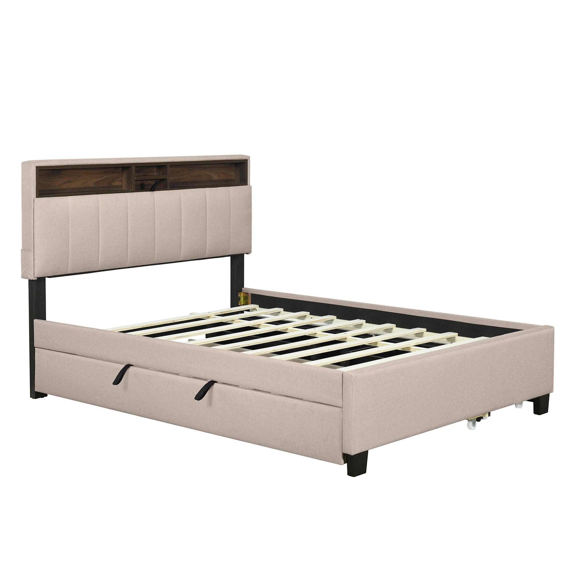 Full size Upholstered Platform Bed with Storage Headboard, Twin Size Trundle & 2 drawers and a set of Sockets & USB Ports, Linen Fabric, Beige - Atlantic Fine Furniture Melbourne FL