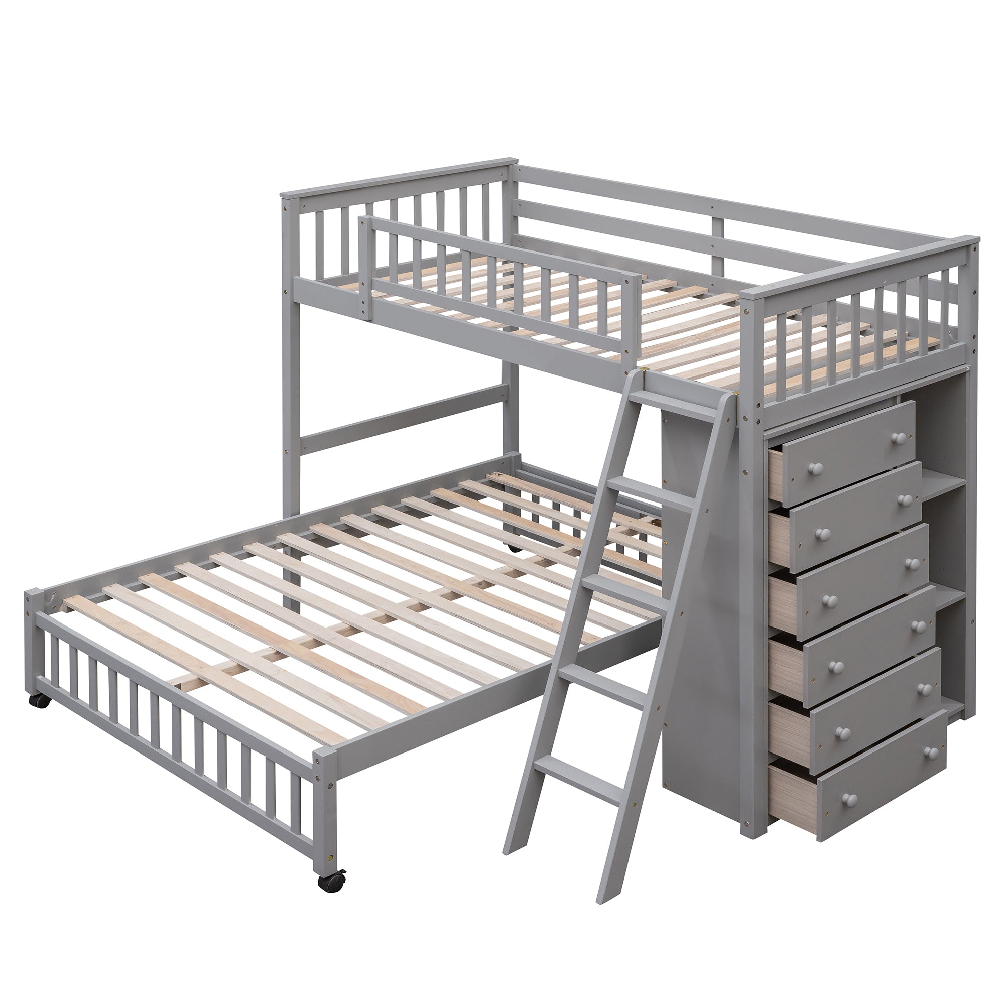 Wooden Twin Over Full Bunk Bed With Six Drawers And Flexible Shelves,Bottom Bed With Wheels,Gray(OLD SKU:LP000531AAE) - Atlantic Fine Furniture Melbourne FL