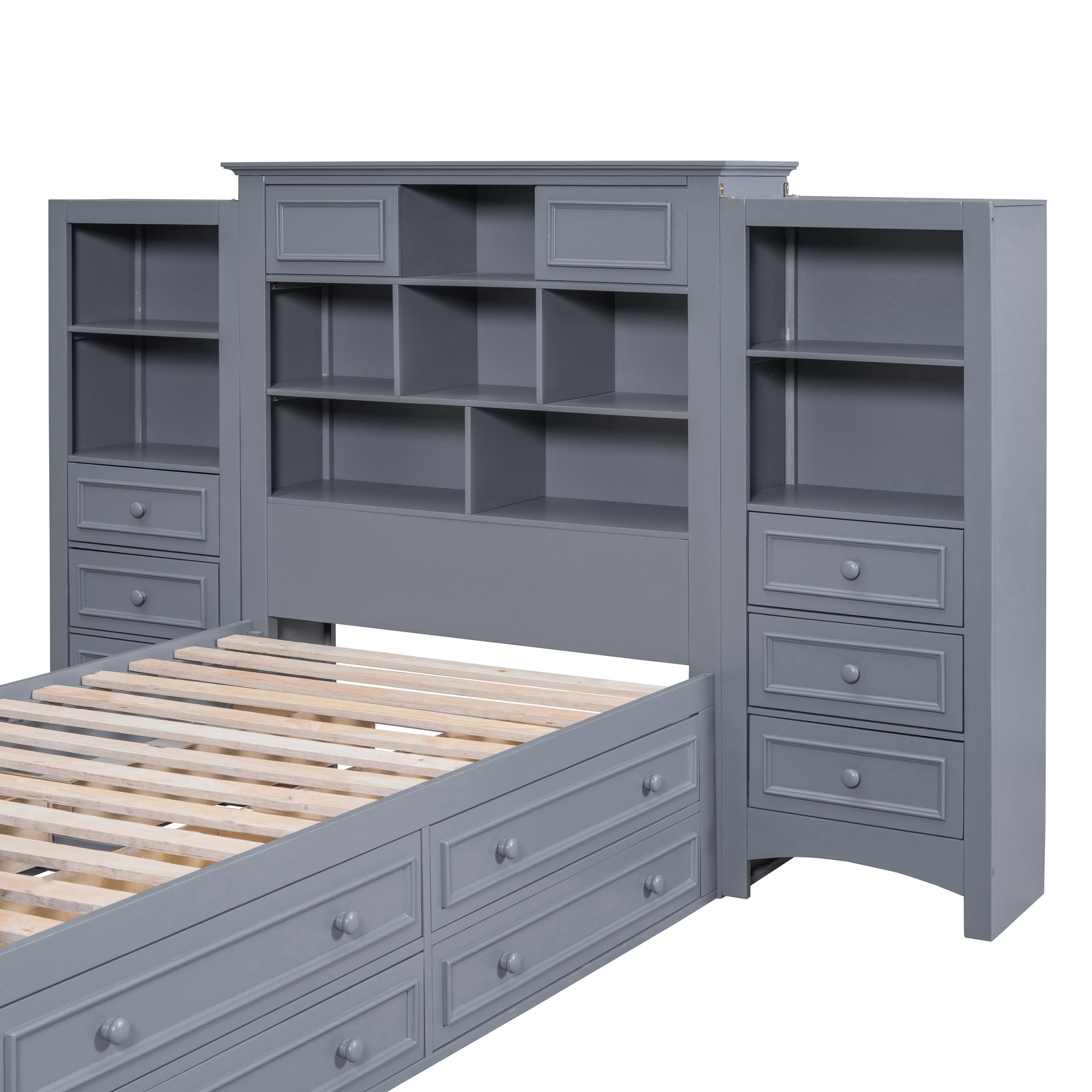 Twin Size Wood Platformbed with Vertical All-in-One Cabinet and 4 Drawers on each side, Gray - Atlantic Fine Furniture Melbourne FL