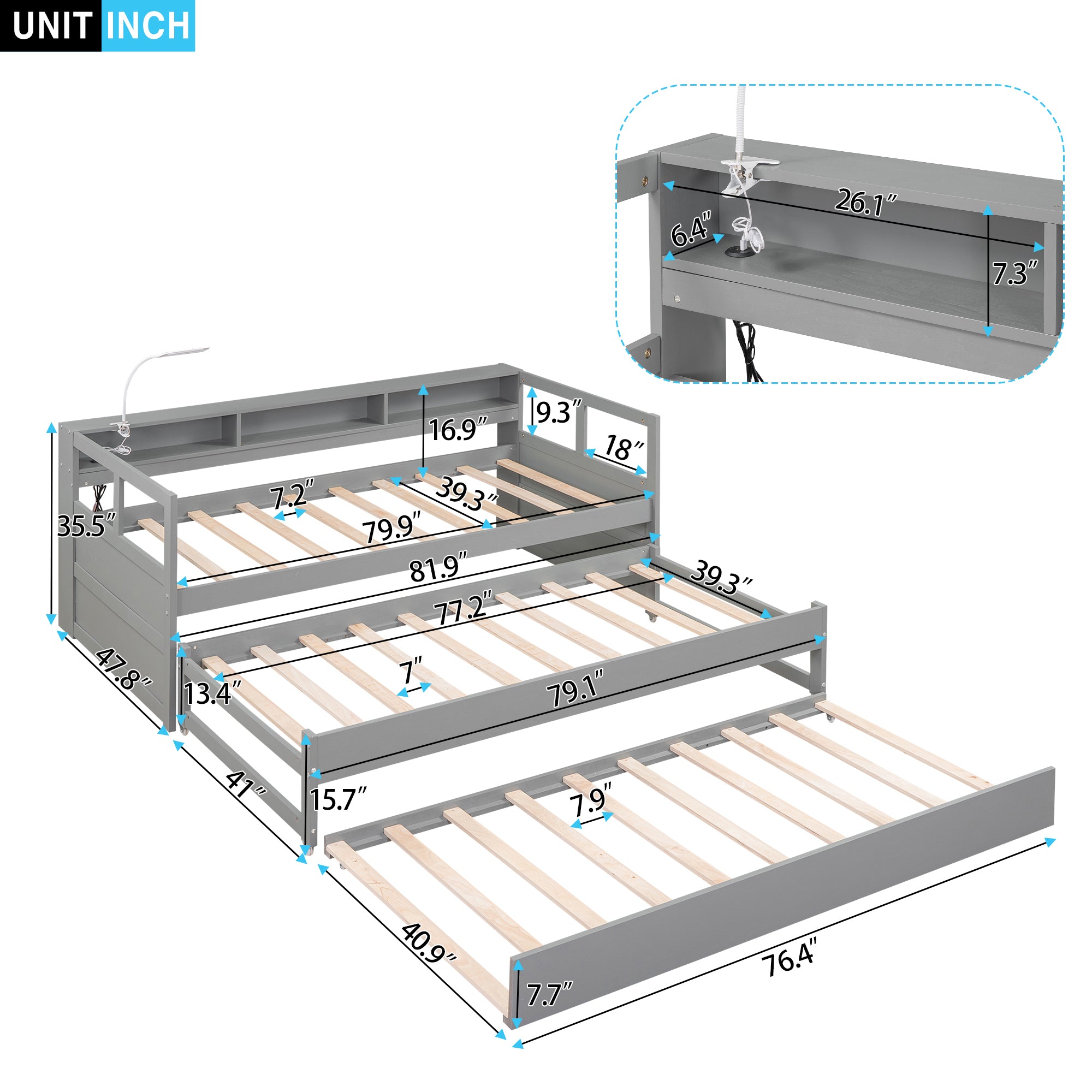Twin XL Wood Daybed with 2 Trundles, 3 Storage Cubbies, 1 Light for Free and USB Charging Design, Gray - Atlantic Fine Furniture Melbourne FL