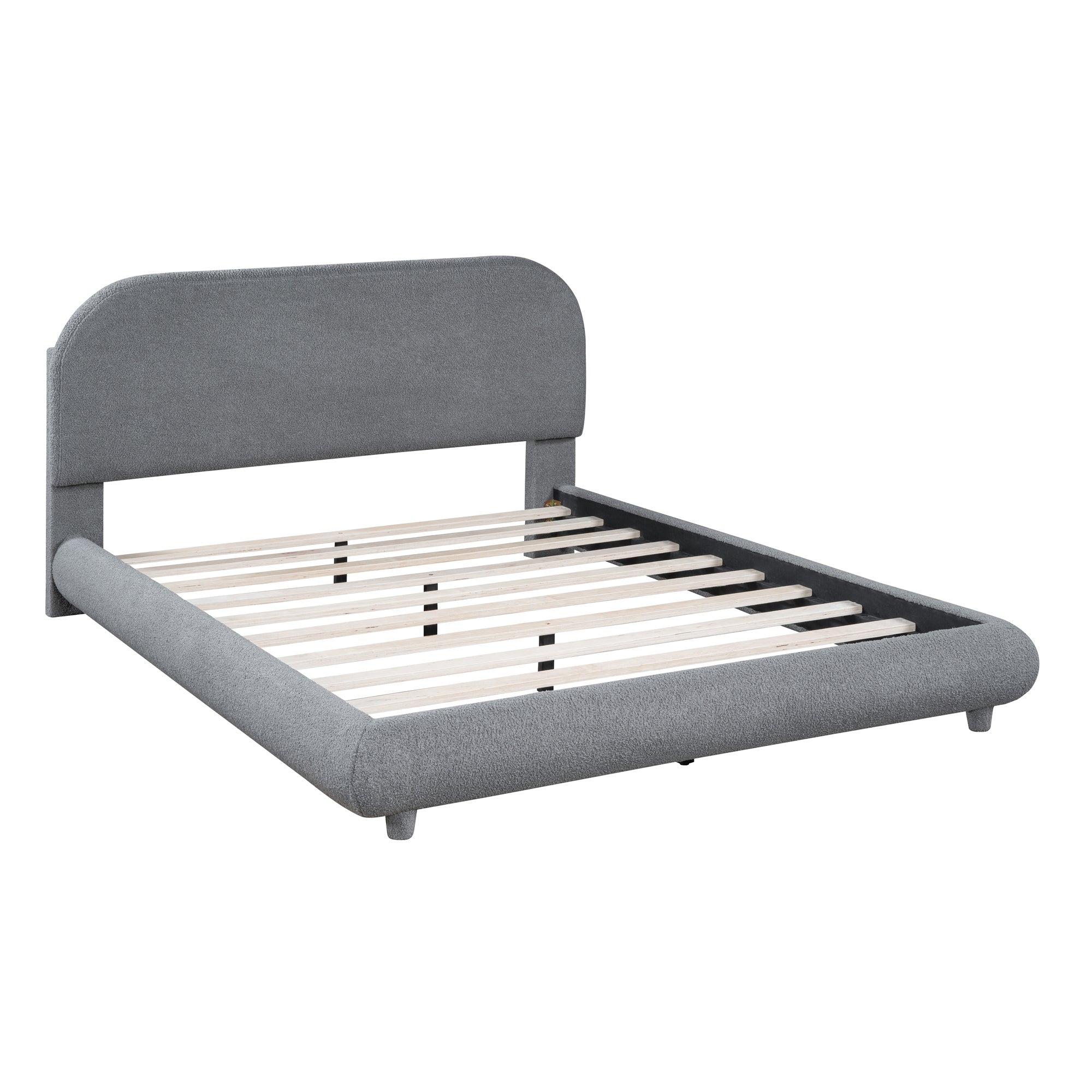 Teddy Fleece Full Size Upholstered Platform Bed with Thick Fabric, Solid Frame and Stylish Curve-shaped Design, Gray - Atlantic Fine Furniture Melbourne FL