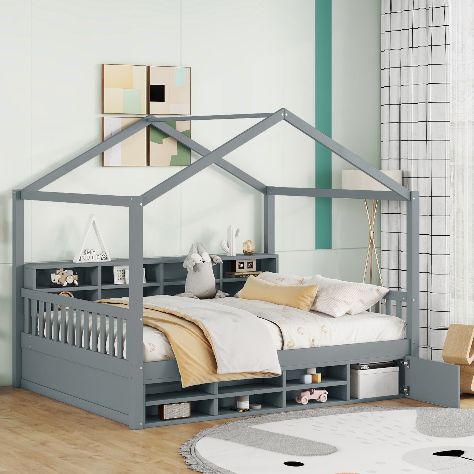 Full Size Wooden House Bed with Shelves and a Mini-cabinet, Gray - Atlantic Fine Furniture Melbourne FL