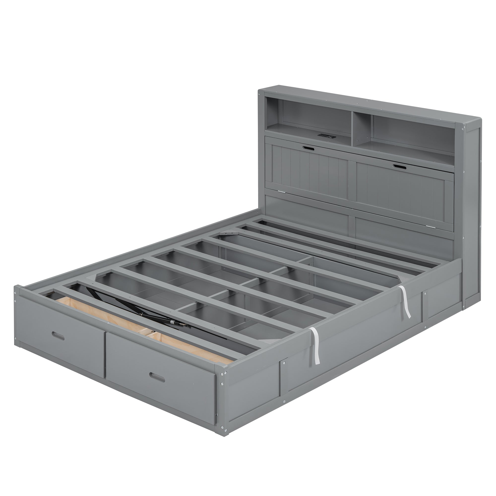 Wood Full Size Hydraulic Platform Bed with Storage LED Headboard, Charging Station and 2 Drawers, Gray - Atlantic Fine Furniture Melbourne FL