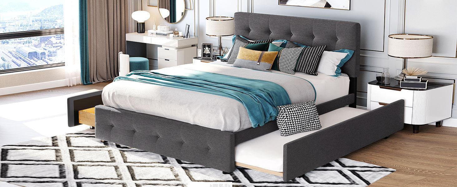 Upholstered Platform Bed with 2 Drawers and 1 Twin XL Trundle, Linen Fabric, Queen Size - Dark Gray(OLD SKU :LP000314AAE)