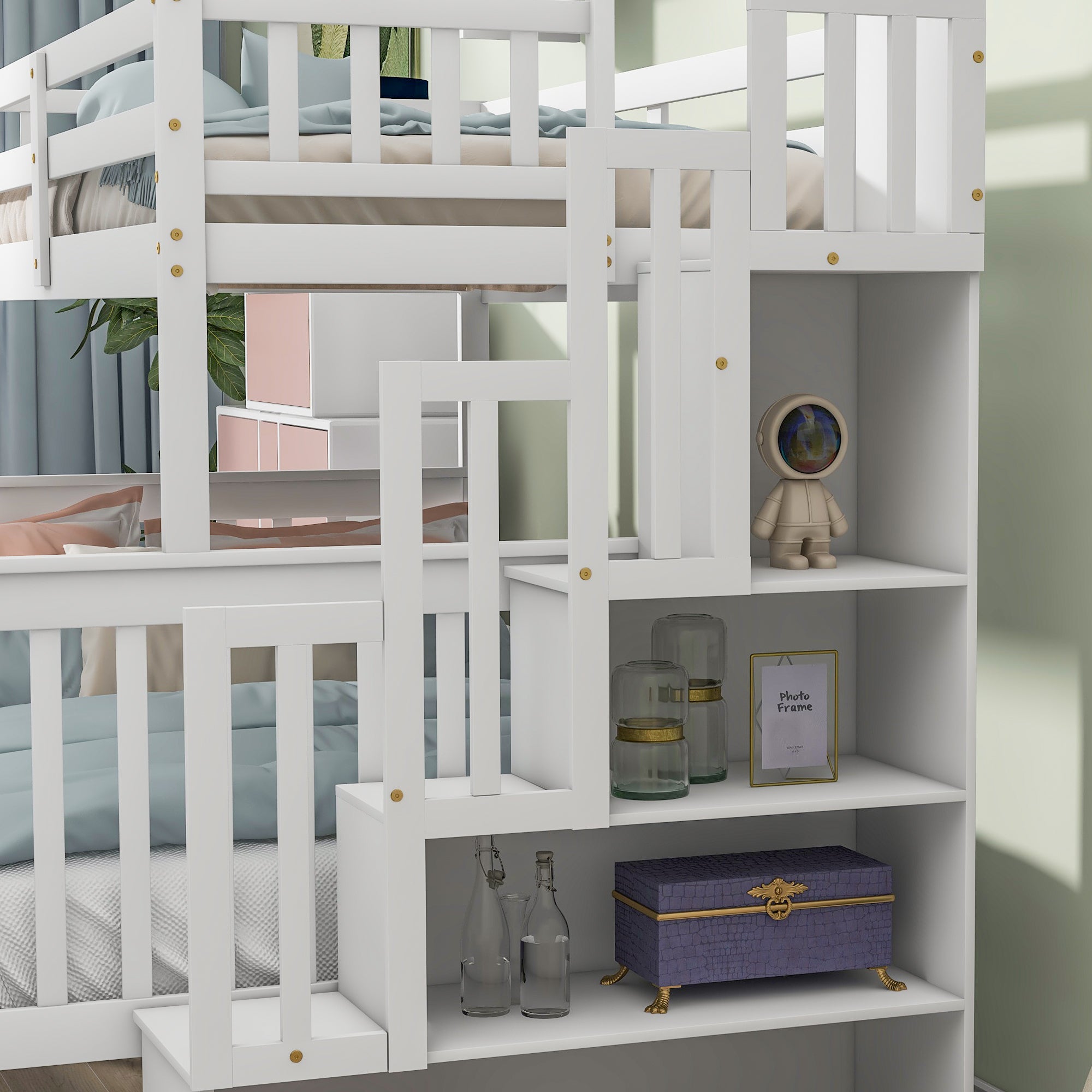 Twin Over Full Bunk Bed with 2 Drawers and Staircases, Convertible into 2 Beds, the Bunk Bed with Staircase and Safety Rails for Kids, Teens, Adults, White - Atlantic Fine Furniture Melbourne FL