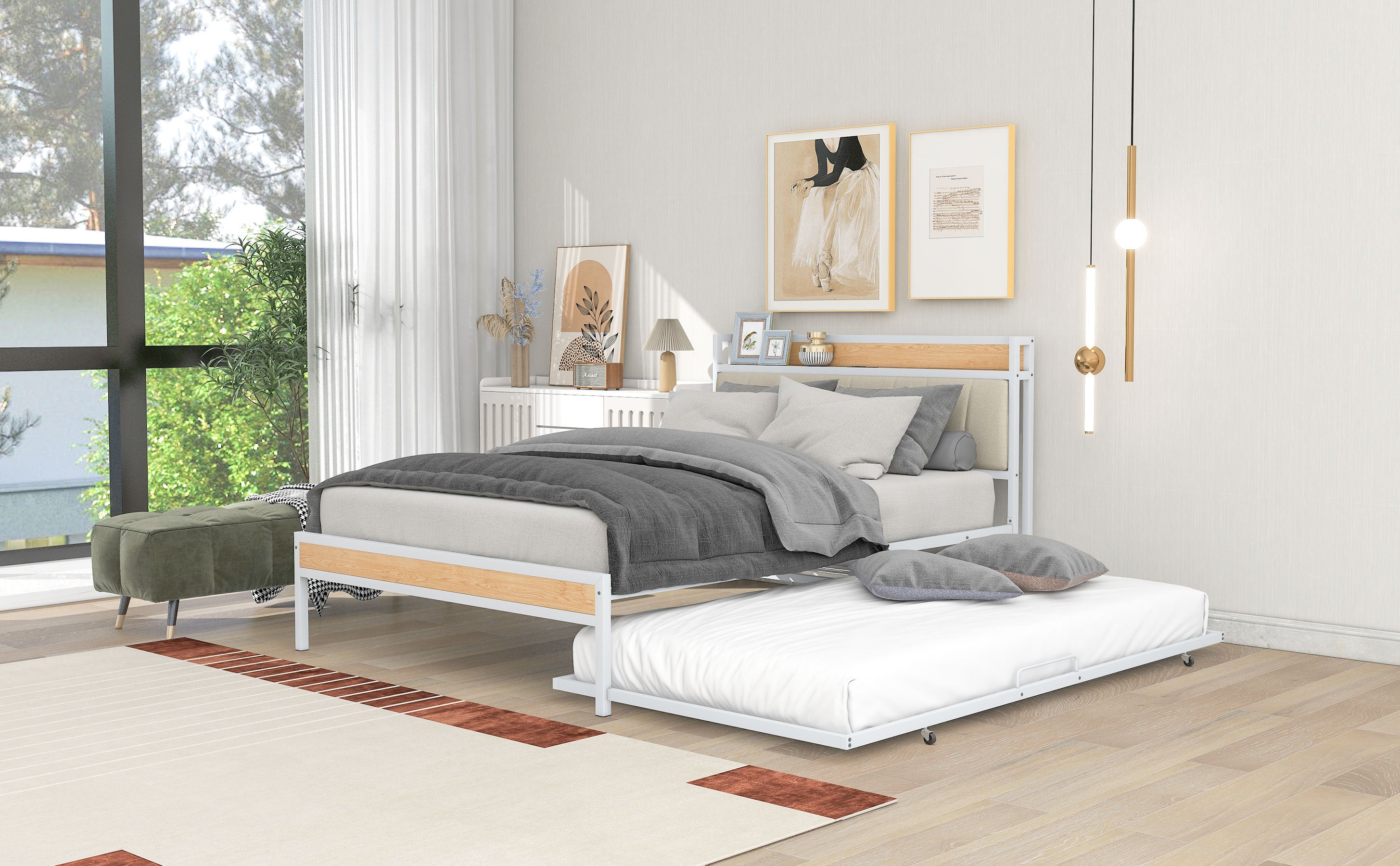 Full Size Metal Platform Bed Frame with Twin size trundle, Upholstered headboard, Sockets, USB Ports and Slat Support, No Box Spring Needed, White - Atlantic Fine Furniture Melbourne FL
