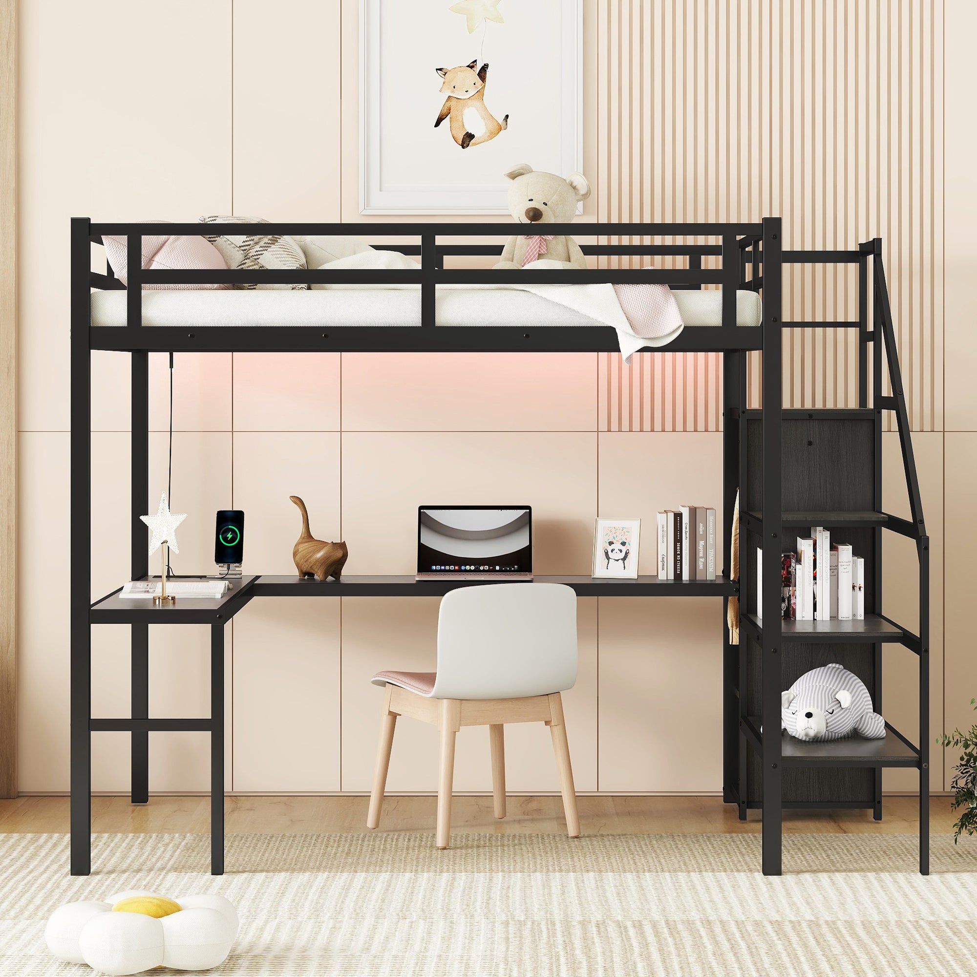 Full XL Size Loft Bed with L-shaped Desk and USB, Metal Loft Bed with Wardrobe and Adjustable Shelf, High Loft Bed with LED for Kids Teens Adults, Black