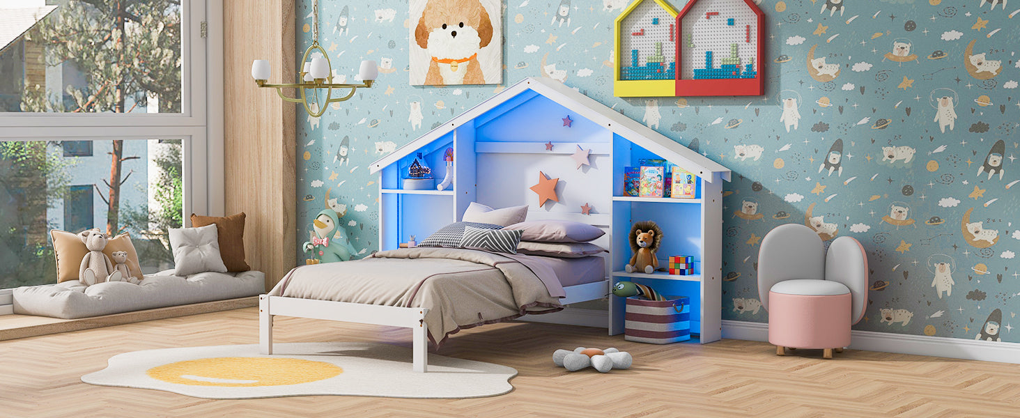 Wood Twin Size Platform Bed with House-shaped Storage Headboard and Built-in LED, White - Atlantic Fine Furniture Melbourne FL