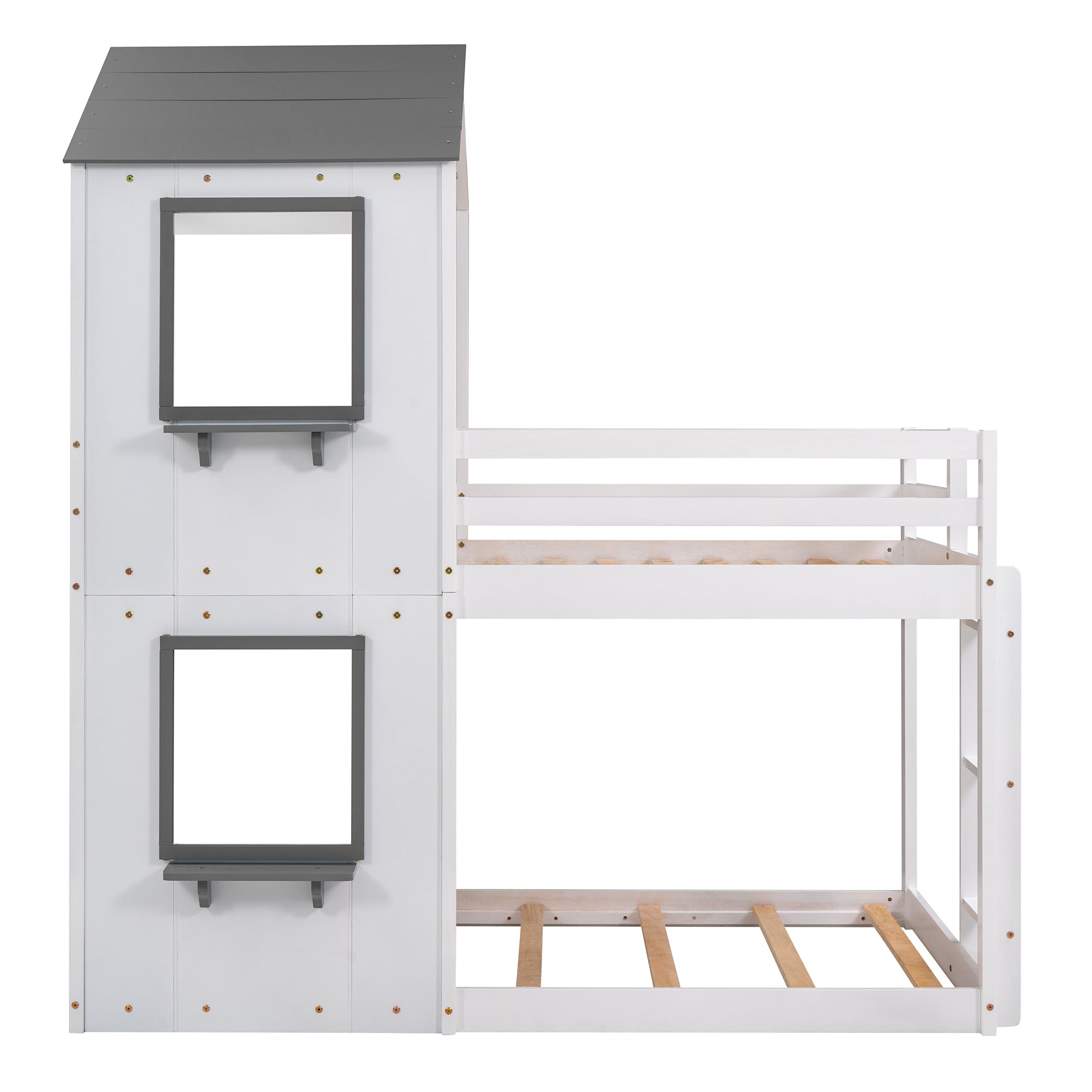 Twin Over Twin Bunk Bed Wood Bed with Roof, Window, Guardrail, Ladder (White)(OLD SKU :LP000056AAK) - Atlantic Fine Furniture Melbourne FL