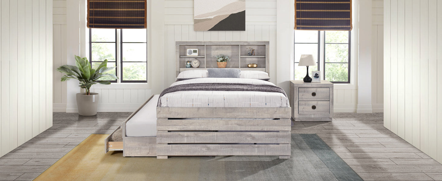 Farmhouse Style Twin Size Bookcase Captain Bed with Three Drawers and Trundle, Rustic White - Atlantic Fine Furniture Melbourne FL