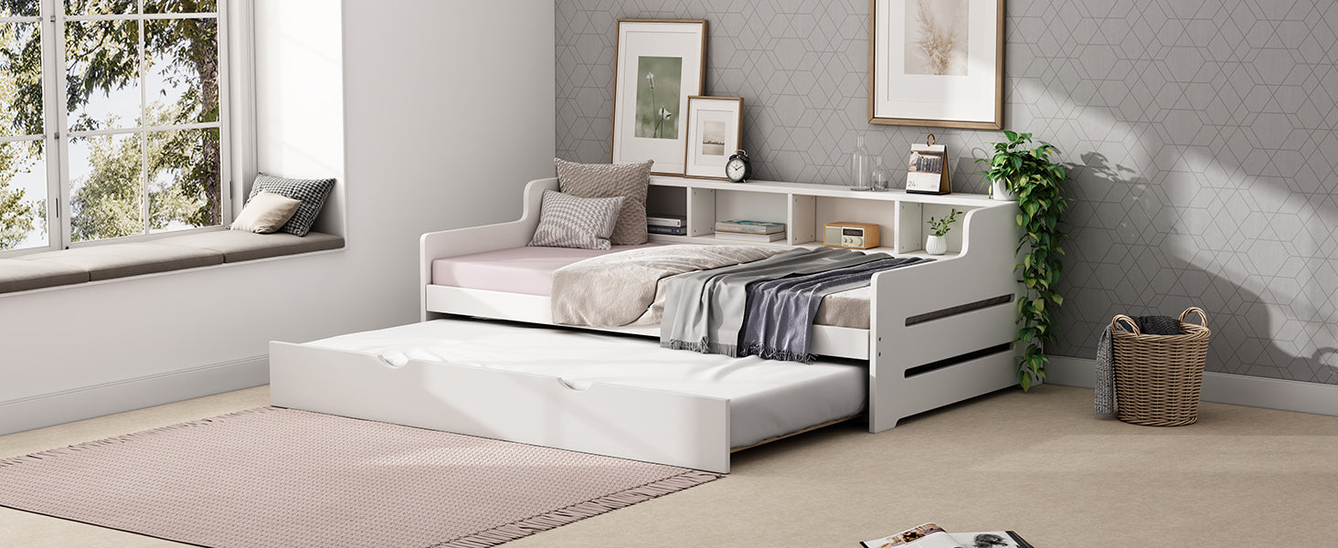Twin Size Wooden Day Bed with Trundle for Guest Room, Small Bedroom, Study Room, White - Atlantic Fine Furniture Melbourne FL
