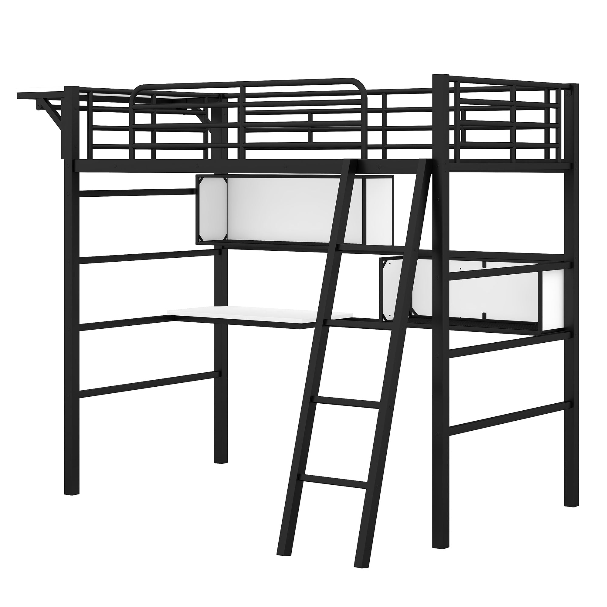 Twin Size Metal Loft Bed with 2 Shelves, a desk and a Hanging Clothes Rack, Black and White - Atlantic Fine Furniture Melbourne FL