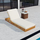 Premium Acacia Wood Lounge Chaise Set With Water Resistant Cushions, Adjustable Recline - Cream / Teak