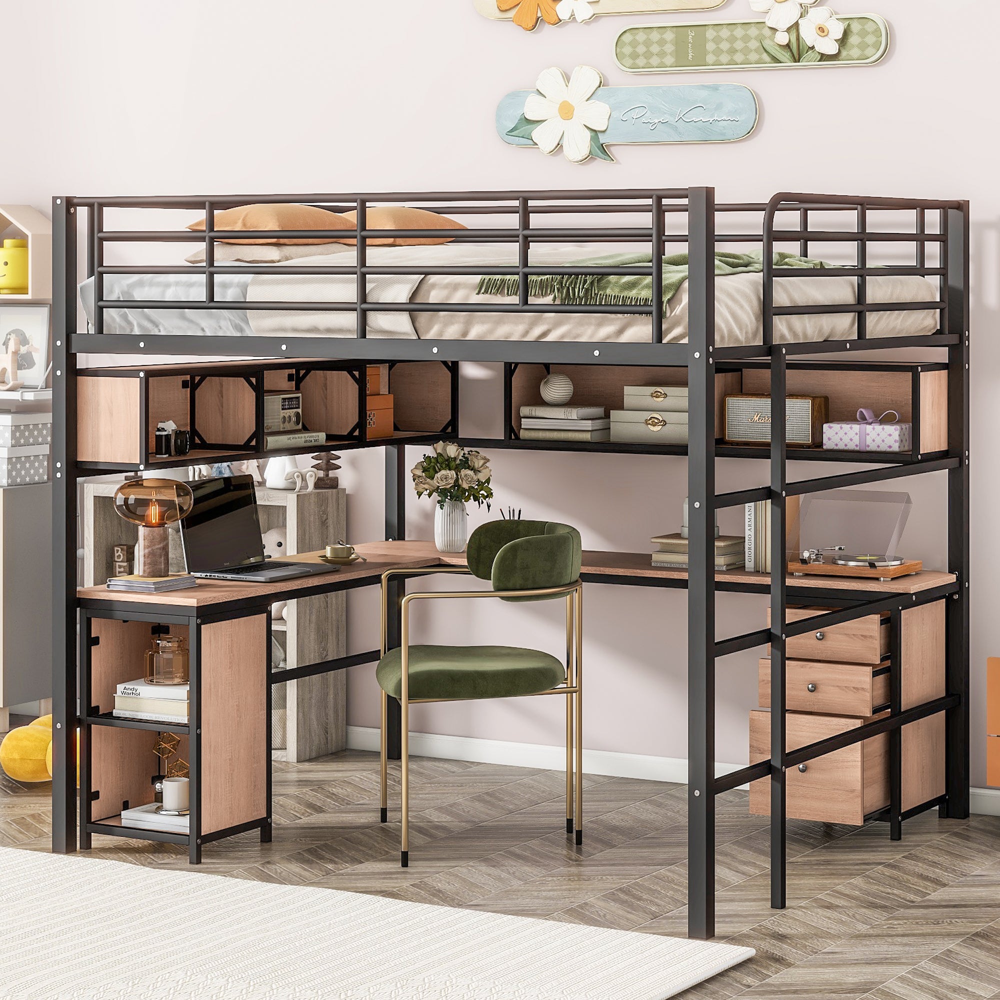 Metal Loft Bed with bookcase, desk and cabinet, Full, Black - Atlantic Fine Furniture Melbourne FL