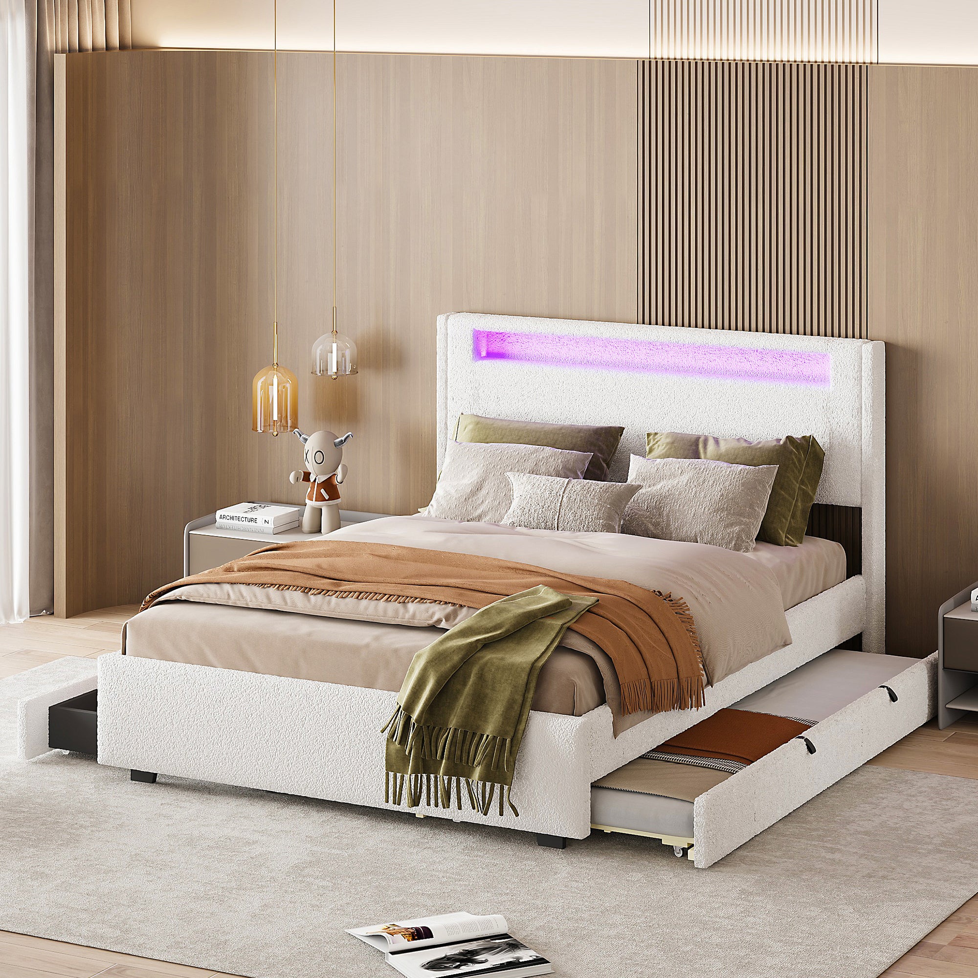 Full Size Upholstered Platform Bed with LED Frame, with Twin Size Trundle and 2 drawers, Teddy Fleece, White - Atlantic Fine Furniture Melbourne FL