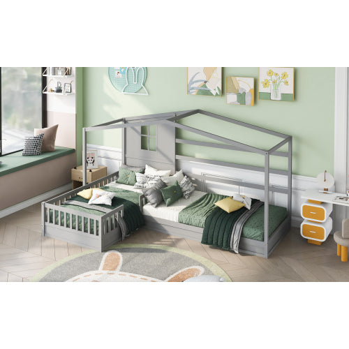 Wood House Bed Twin Size, 2 Twin Solid Bed L structure with fence and slatted frame, Gray - Atlantic Fine Furniture Melbourne FL