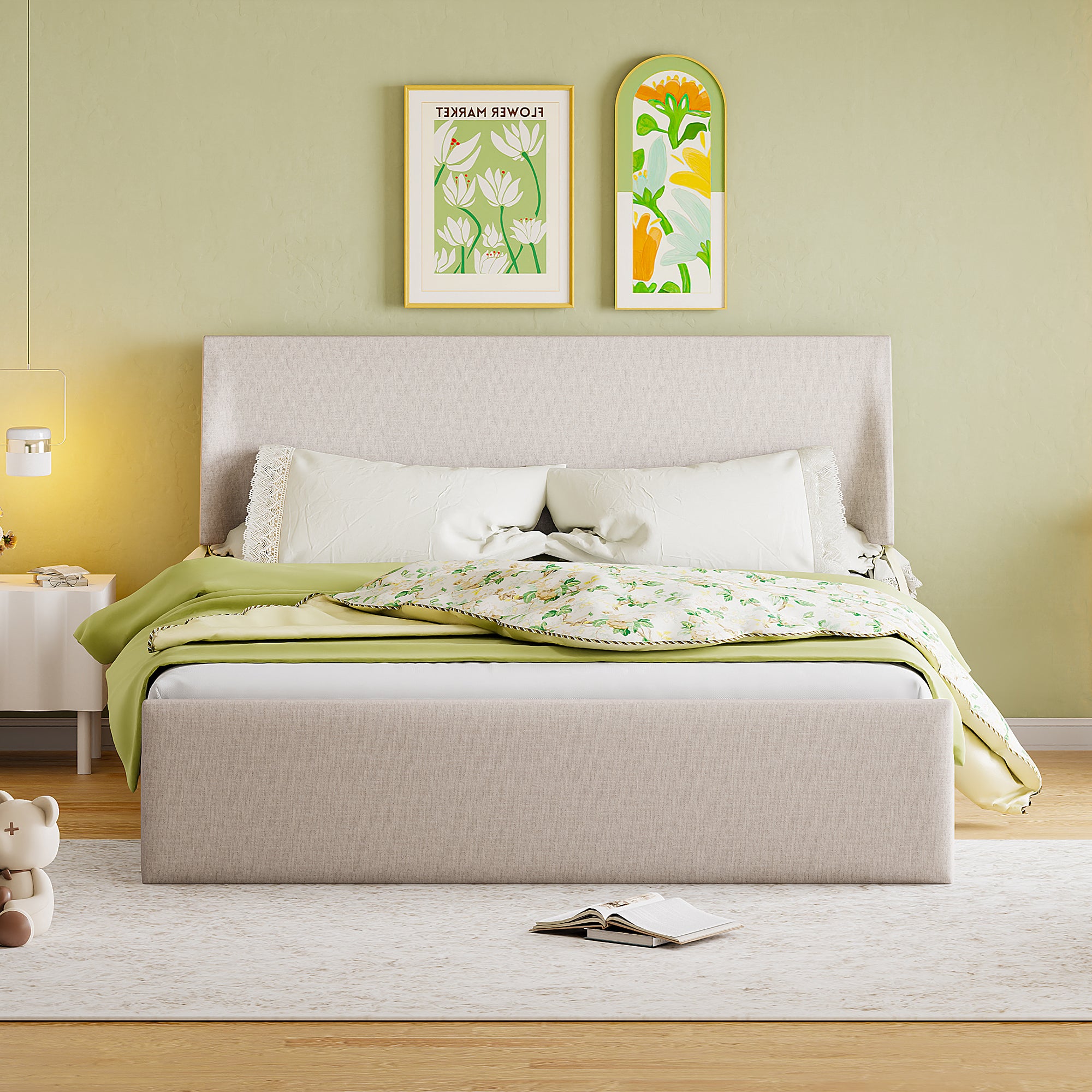 Full Size Sleigh Bed with Side-Tilt Hydraulic Storage System, Linen Upholstery, Beige - Atlantic Fine Furniture Melbourne FL