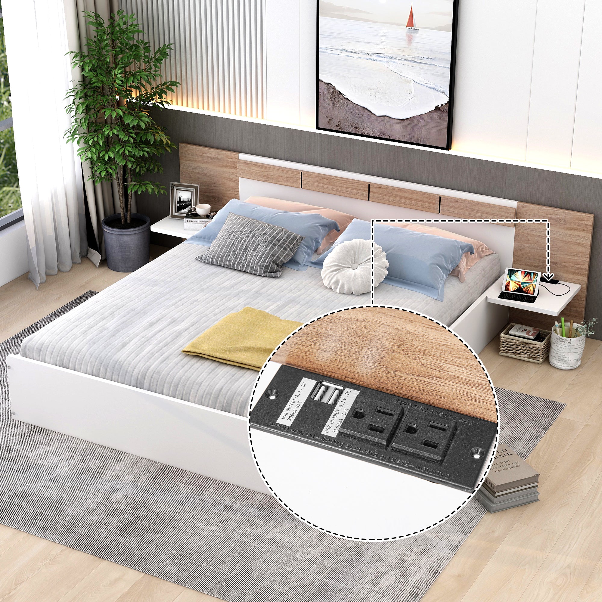 Queen Size Platform Bed with Headboard, Shelves, USB Ports and Sockets, White - Atlantic Fine Furniture Melbourne FL