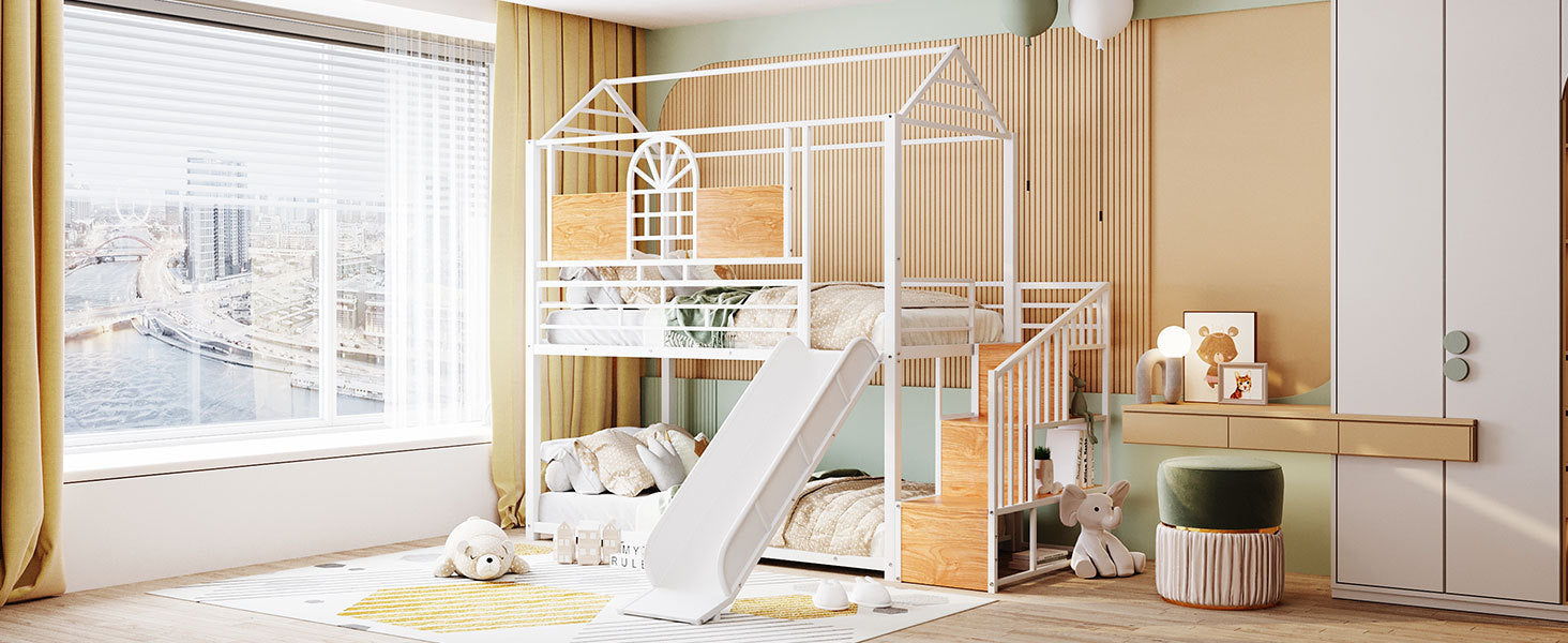 Twin Over Twin Metal Bunk Bed, Metal Housebed with Slide and Storage Stair, White with White Slide - Atlantic Fine Furniture Melbourne FL