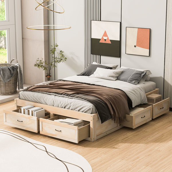Queen Size Platform Bed With 6 Storage Drawers, Antique Natural