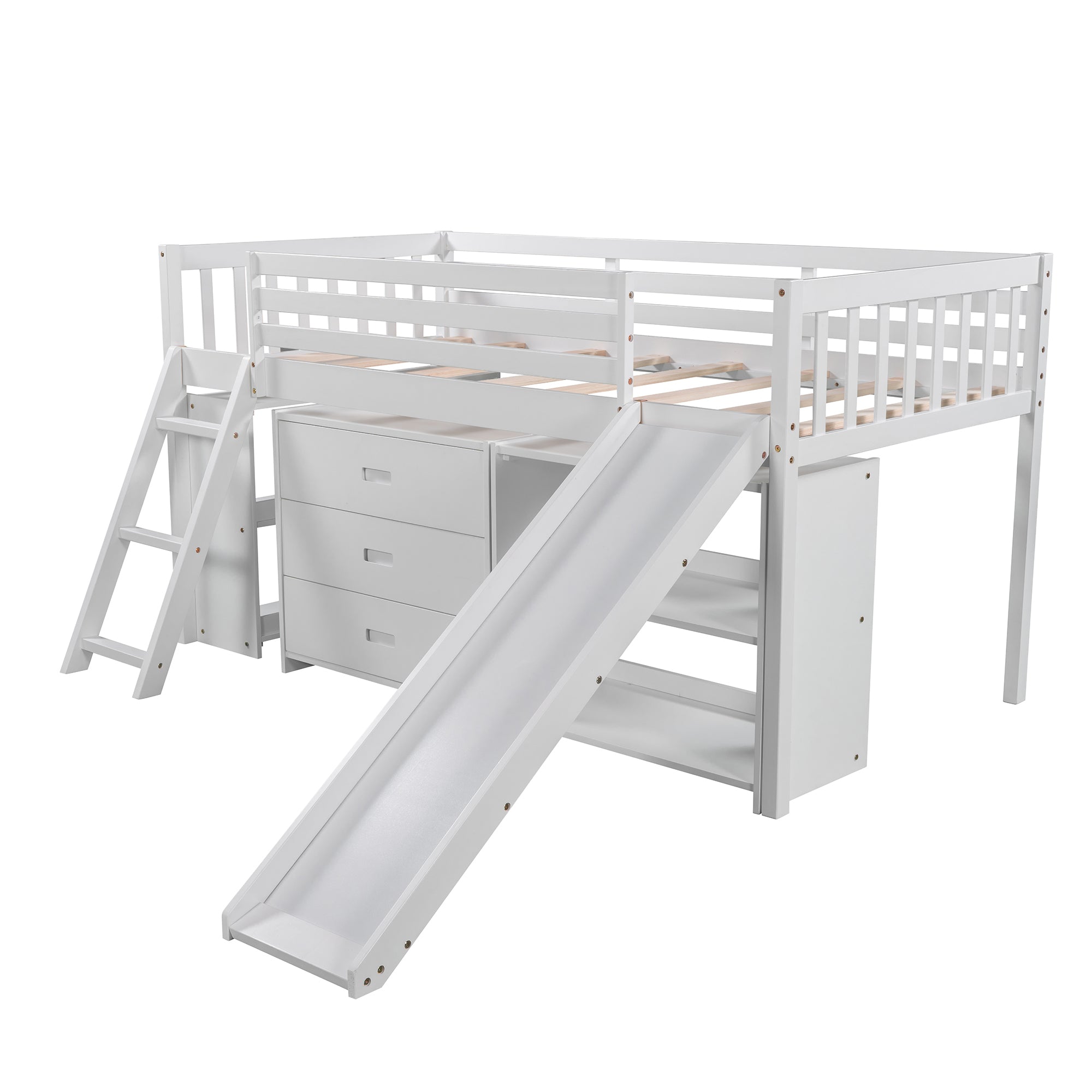 Low Loft Bed with Attached Bookcases and Separate 3-tier Drawers,Convertible Ladder and Slide,Twin,White - Atlantic Fine Furniture Melbourne FL