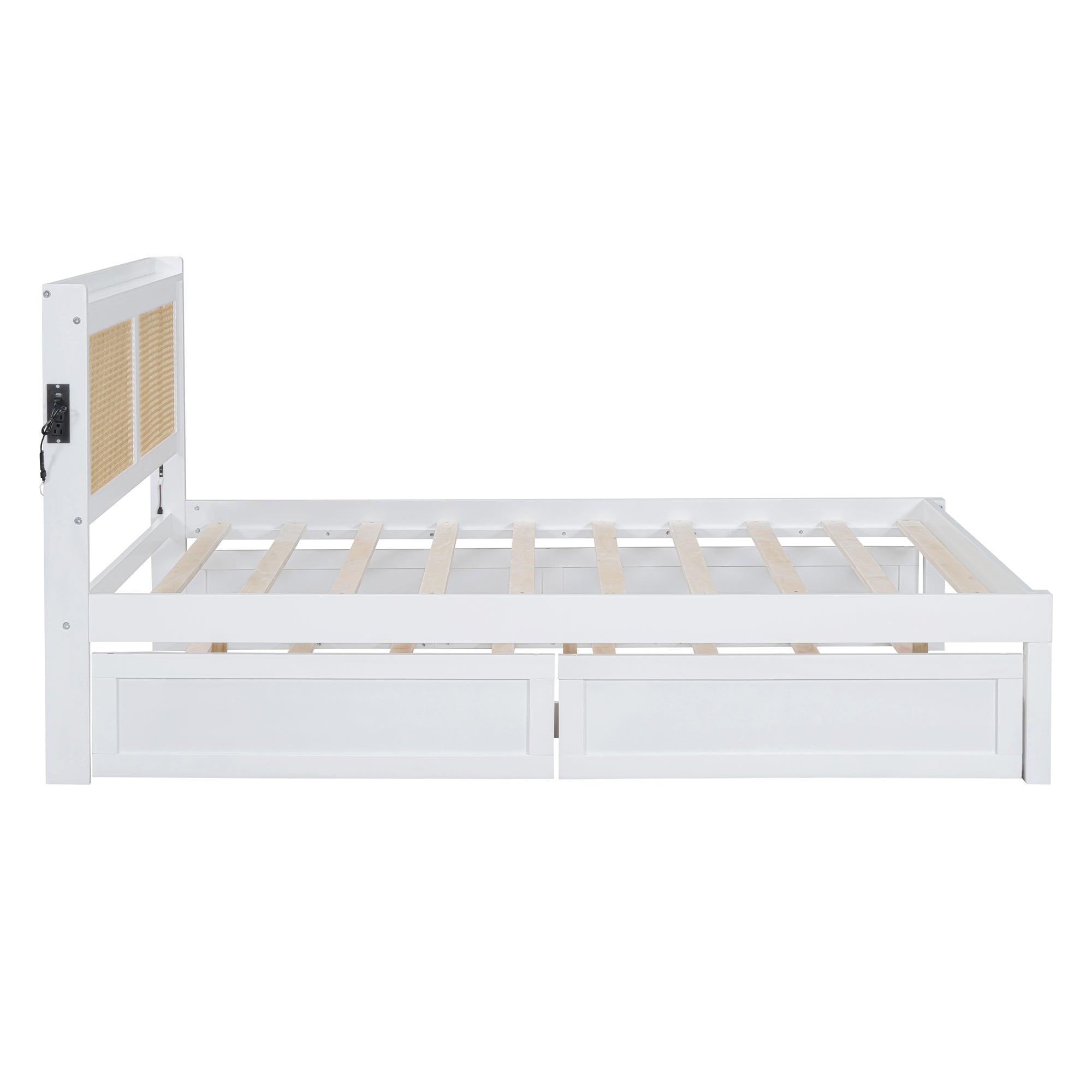 Full Size Elegant Bed Frame with Rattan Headboard and Sockets ,White - Atlantic Fine Furniture Melbourne FL