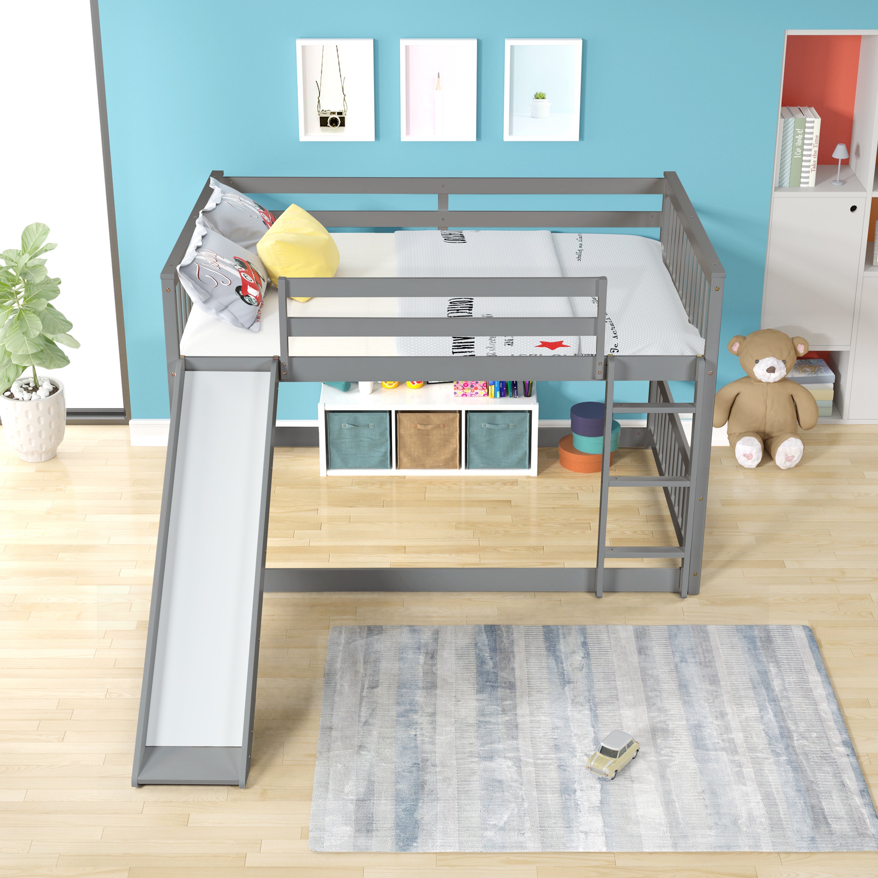 Full over Full Bunk Bed with Slide and Ladder in Grey Color