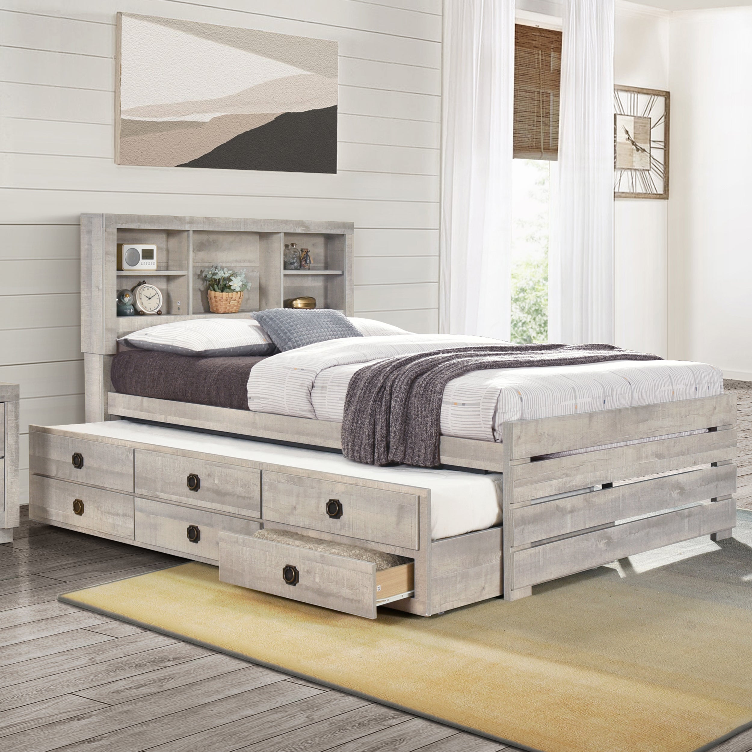 Farmhouse Style Twin Size Bookcase Captain Bed with Three Drawers and Trundle, Rustic White - Atlantic Fine Furniture Melbourne FL