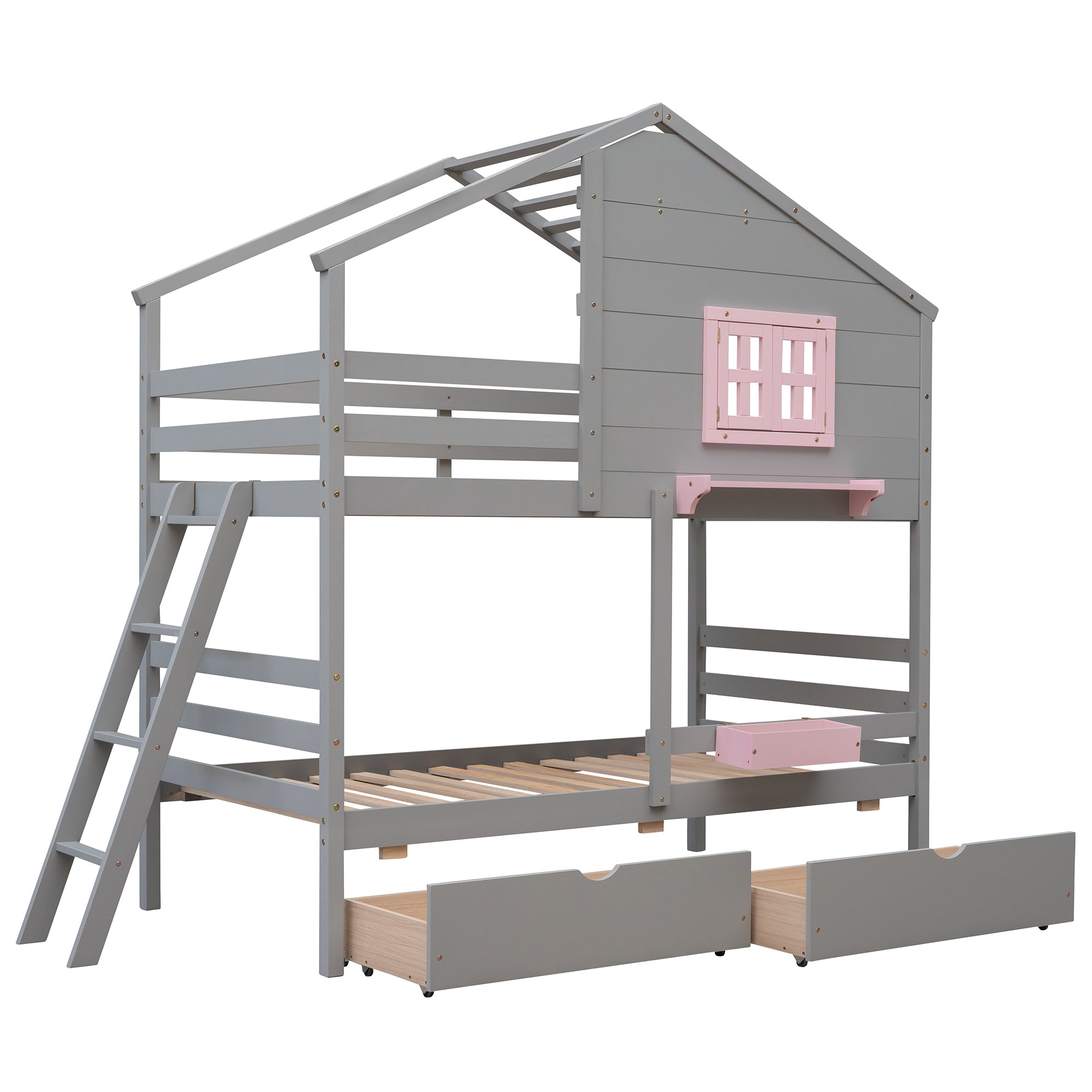 Twin over Twin Bunk Bed with 2 Drawers, 1 Storage Box, 1 Shelf, Window and Roof-Gray(OLD SKU:LT000608AAE) - Atlantic Fine Furniture Melbourne FL