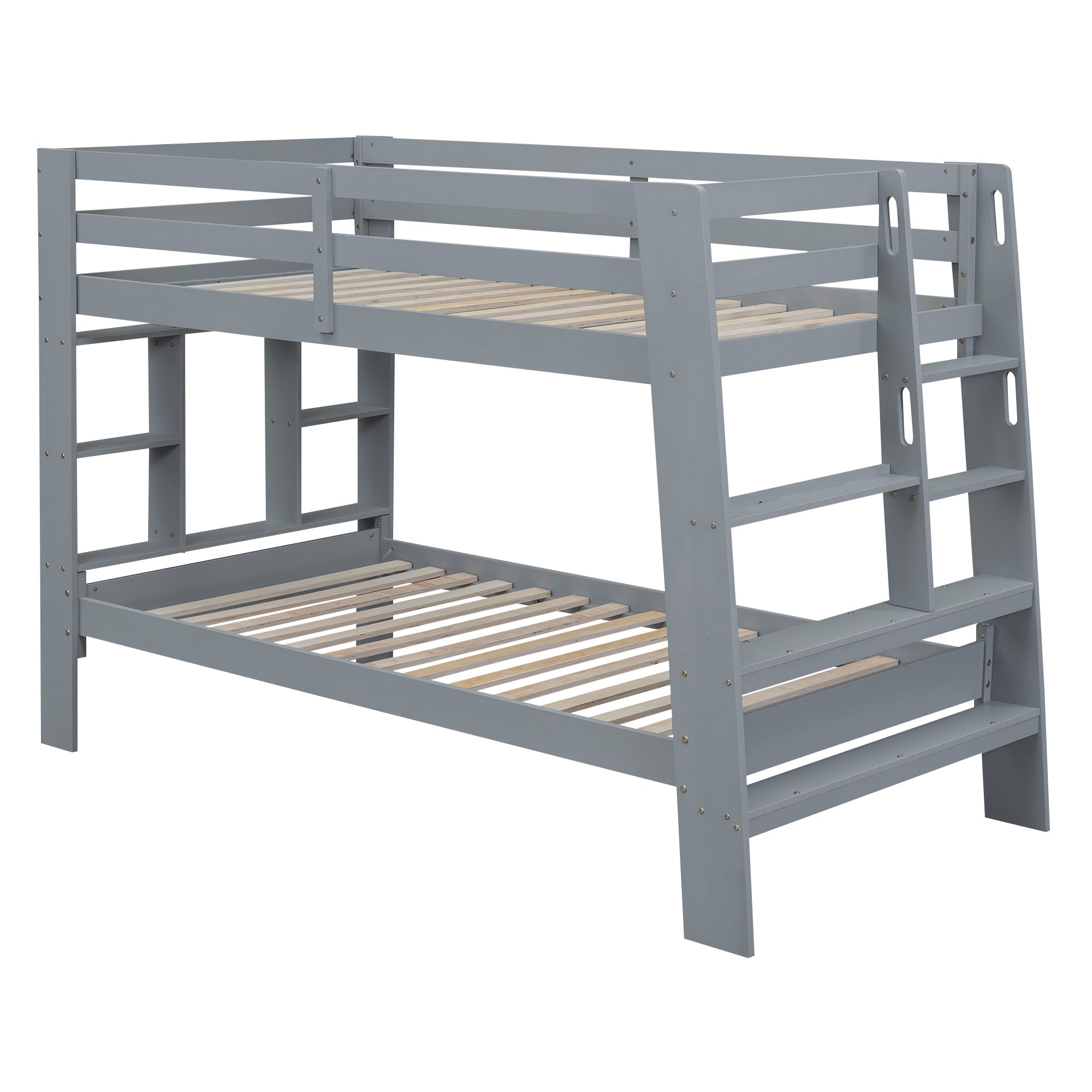 Twin over Twin Bunk Bed with Shelves and Built-in Ladder, Gray - Atlantic Fine Furniture Melbourne FL