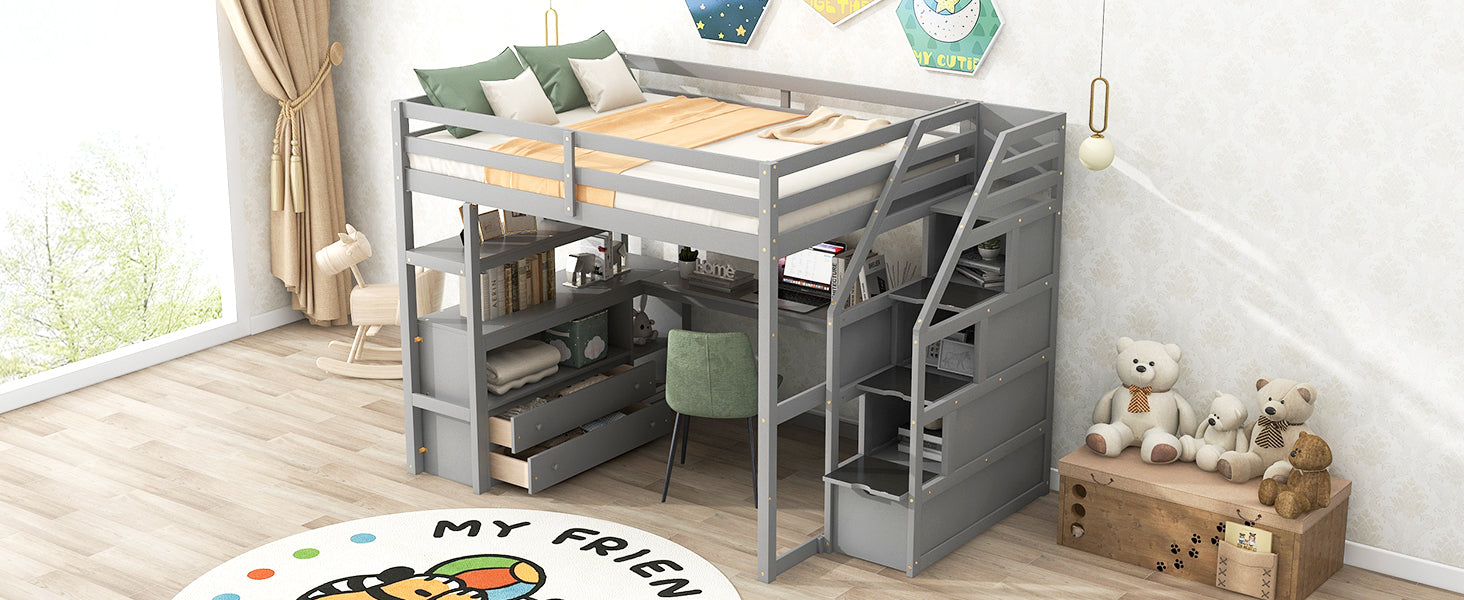 Full Size Loft Bed with Desk and Shelves, Two Built-in Drawers, Storage Staircase, Gray - Atlantic Fine Furniture Melbourne FL