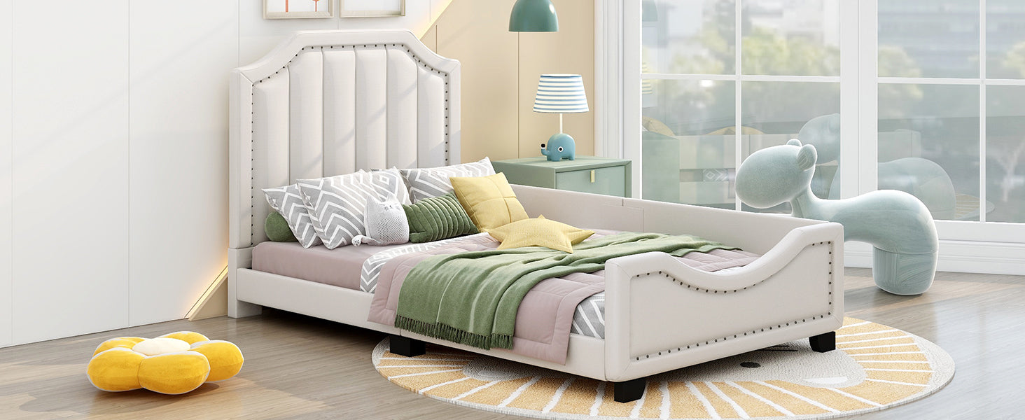 Twin Size Upholstered Platform Bed with Nailhead Trim Decoration and Guardrail, Beige - Atlantic Fine Furniture Melbourne FL