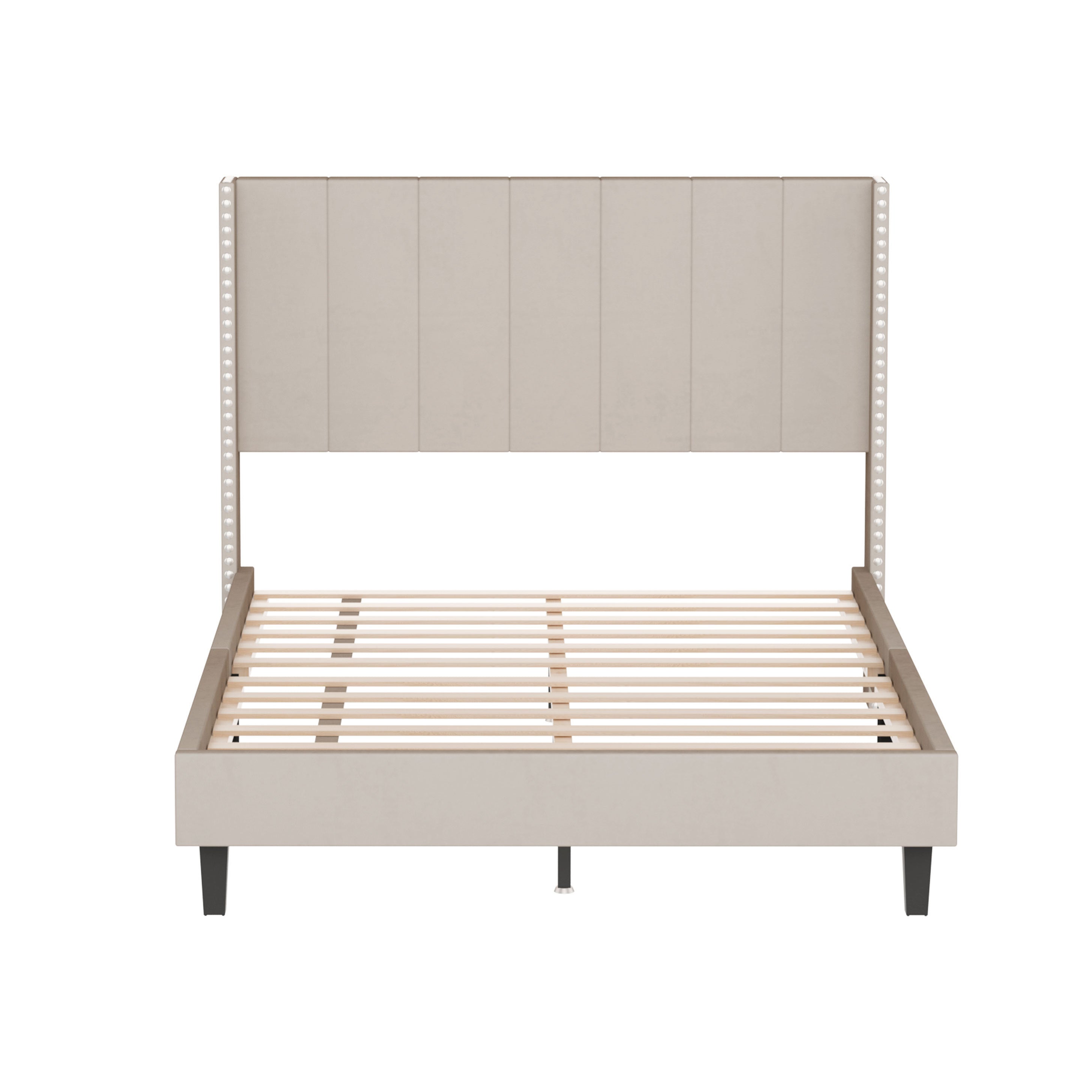 Velvet Upholstered Bed Frame with Vertical Channel Tufted Headboard,Modern Decorative Nailheads, Full size Bed Frame Beige - Atlantic Fine Furniture Melbourne FL