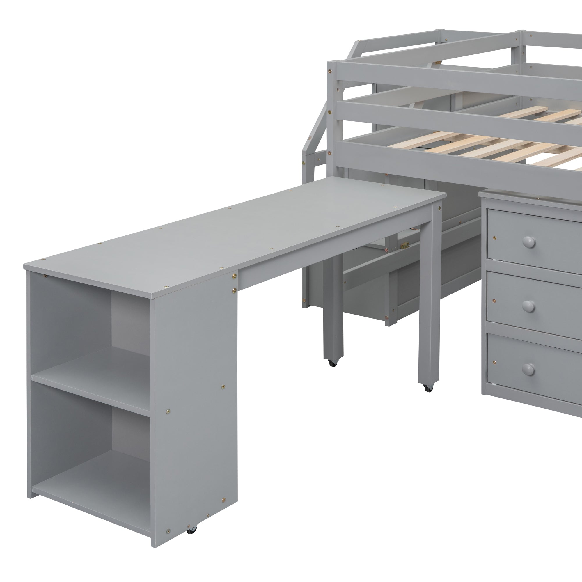 Full Size Loft Bed with Retractable Writing Desk and 3 Drawers, Wooden Loft Bed with Storage Stairs and Shelves, Gray - Atlantic Fine Furniture Melbourne FL