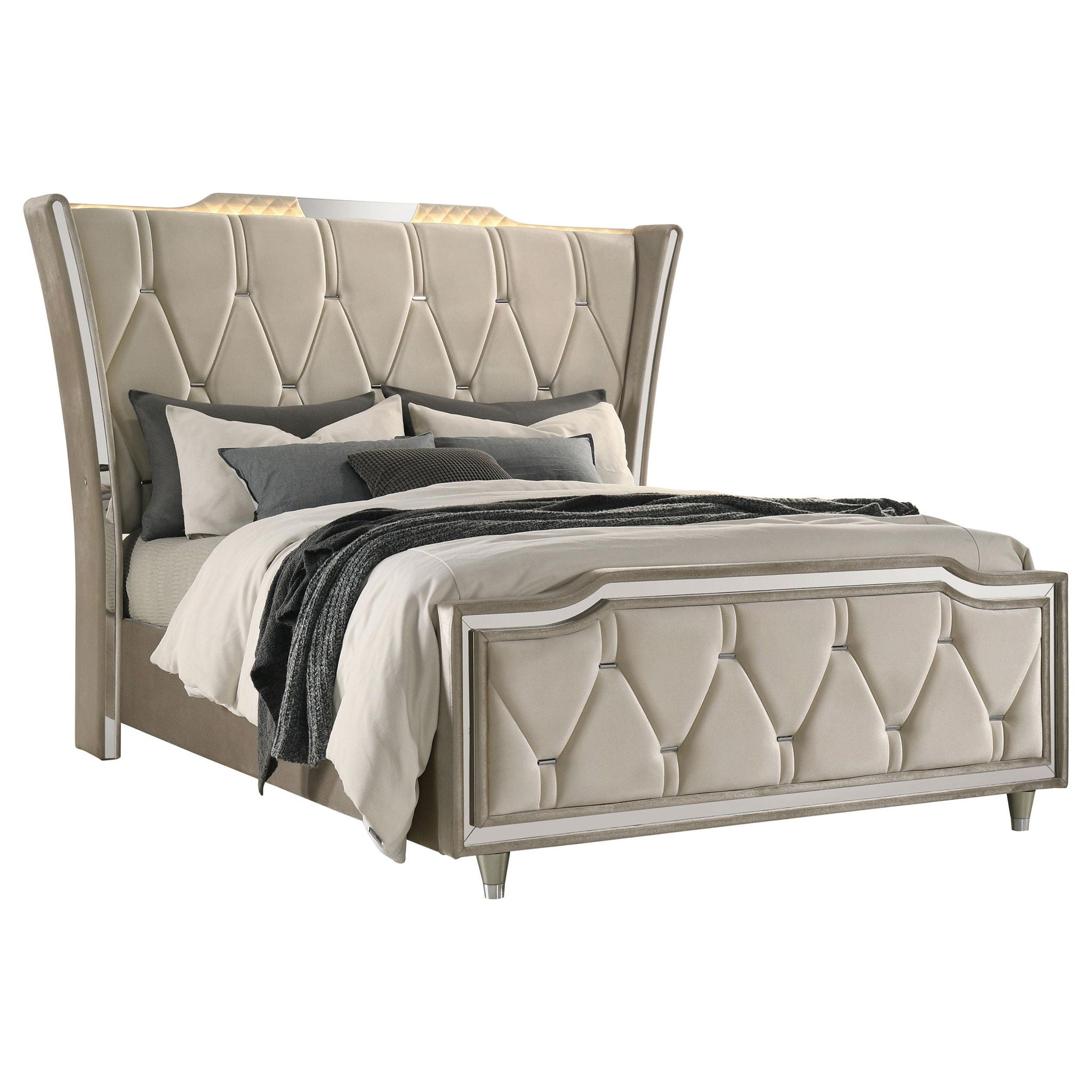Lorient Queen LED Upholstered Wingback Bed Ivory and Camel