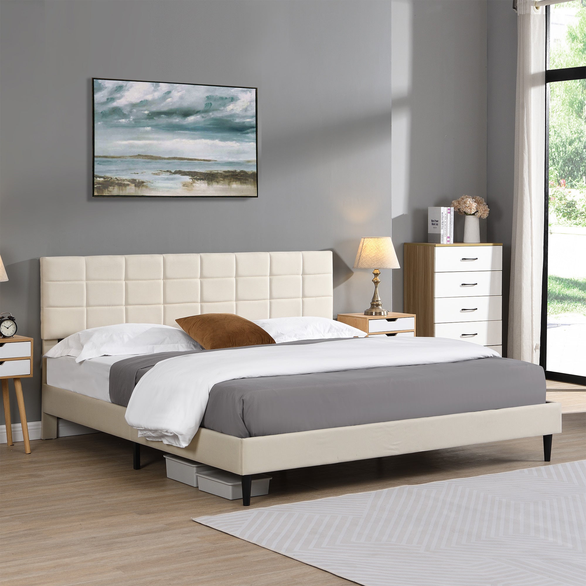 King Size Platform Bed Frame with Fabric Upholstered Headboard and Wooden Slats, No Box Spring Needed/Easy Assembly, Dark Beige - Atlantic Fine Furniture Melbourne FL