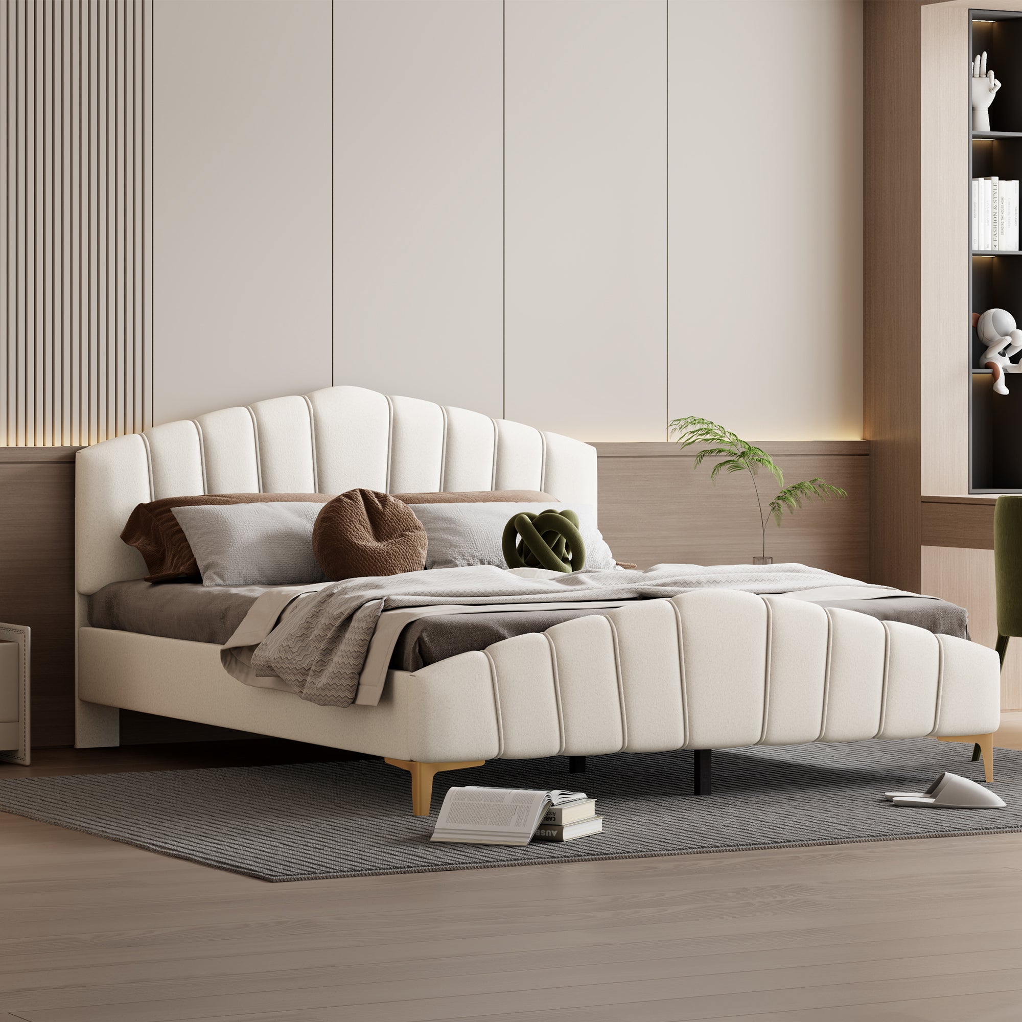 Queen Size Velvet Platform Bed with Thick Fabric, Stylish Stripe Decorated Bedboard and Elegant Metal Bed Leg, Beige - Atlantic Fine Furniture Melbourne FL