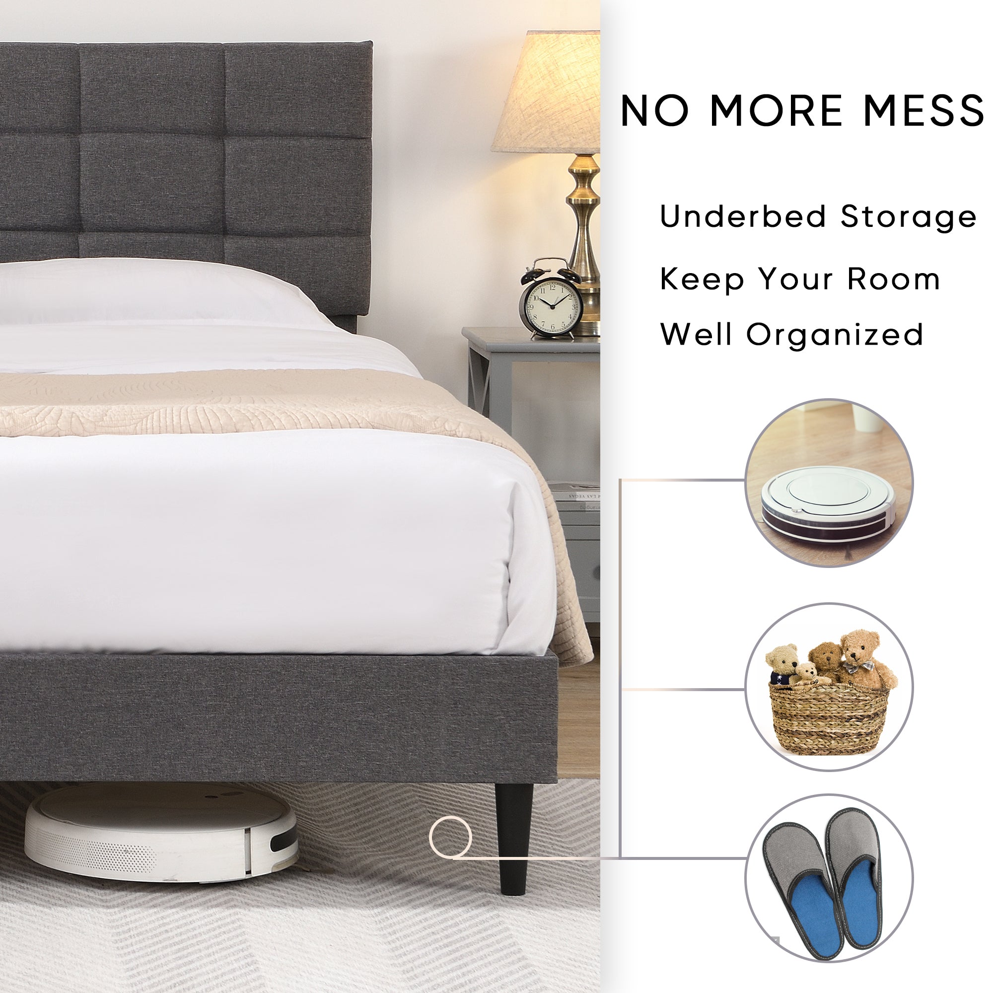 King Size Platform Bed Frame with Fabric Upholstered Headboard and Wooden Slats, No Box Spring Needed/Easy Assembly, Dark Grey - Atlantic Fine Furniture Melbourne FL