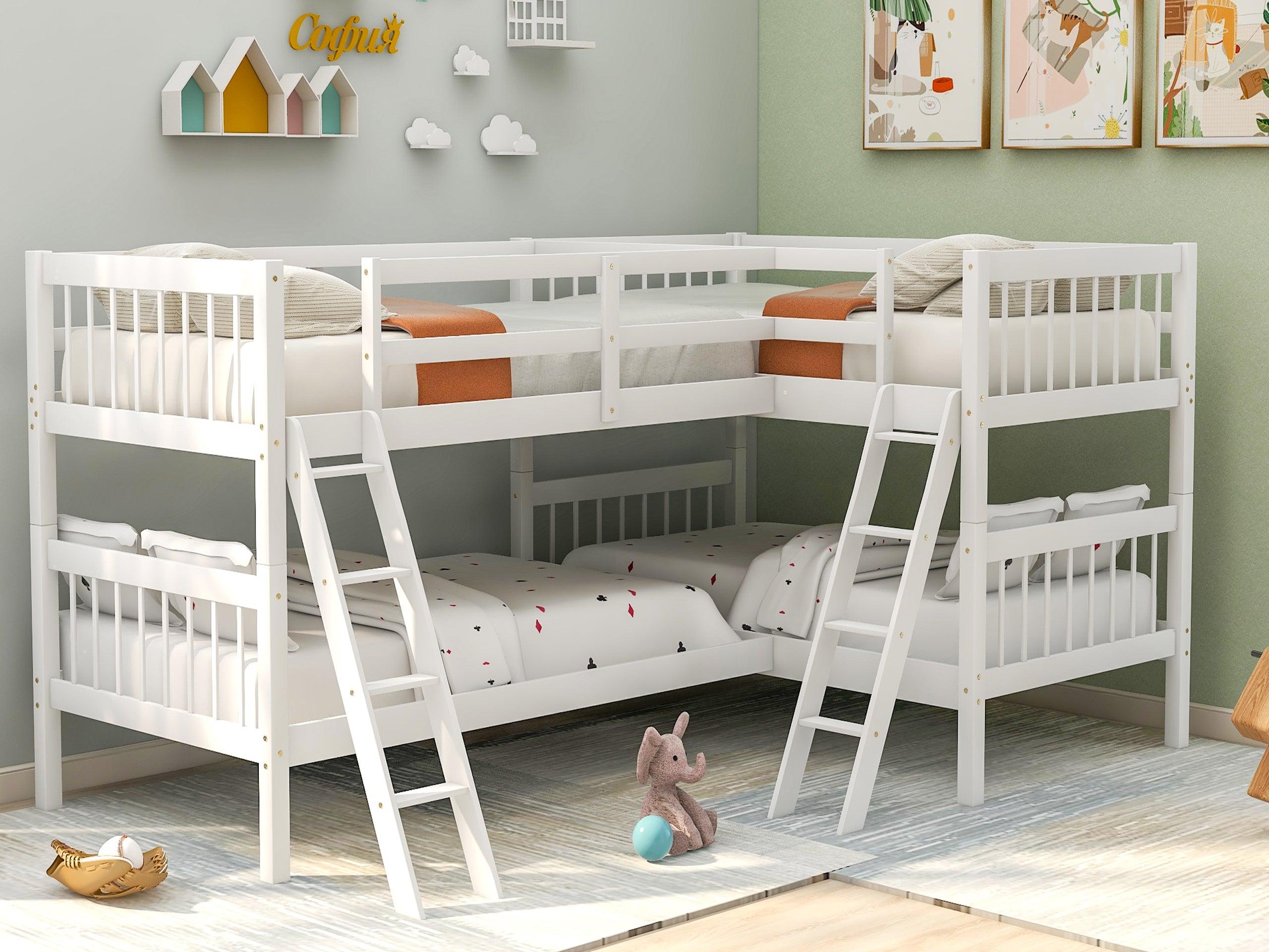 L-Shaped Bunk Bed with Ladder,Twin Size-Gray(OLD SKU :LP000020AAK)