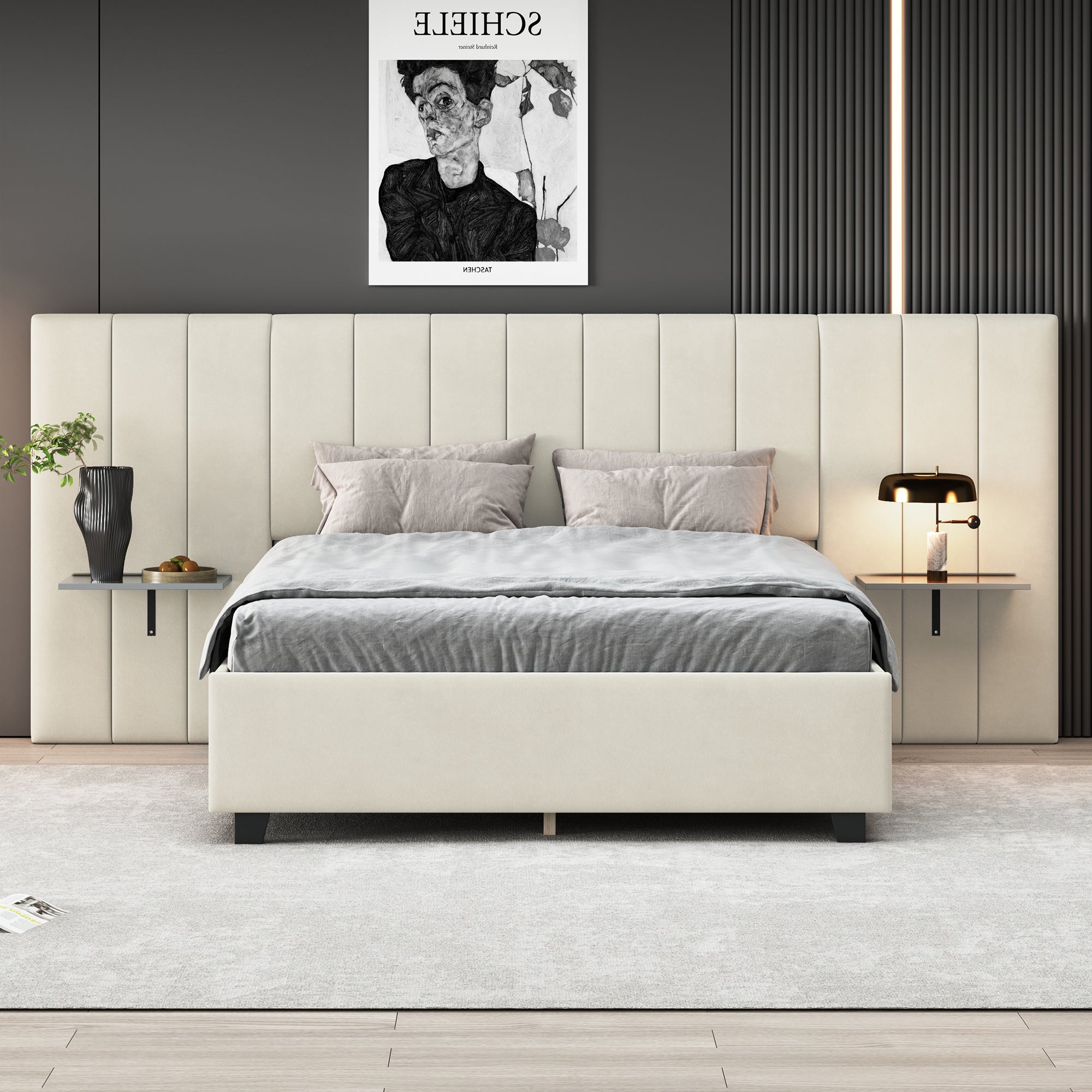 Queen Size Upholstered Platform Bed with Big Headboard, Bedroom Furniture, Velvet, Beige - Atlantic Fine Furniture Melbourne FL