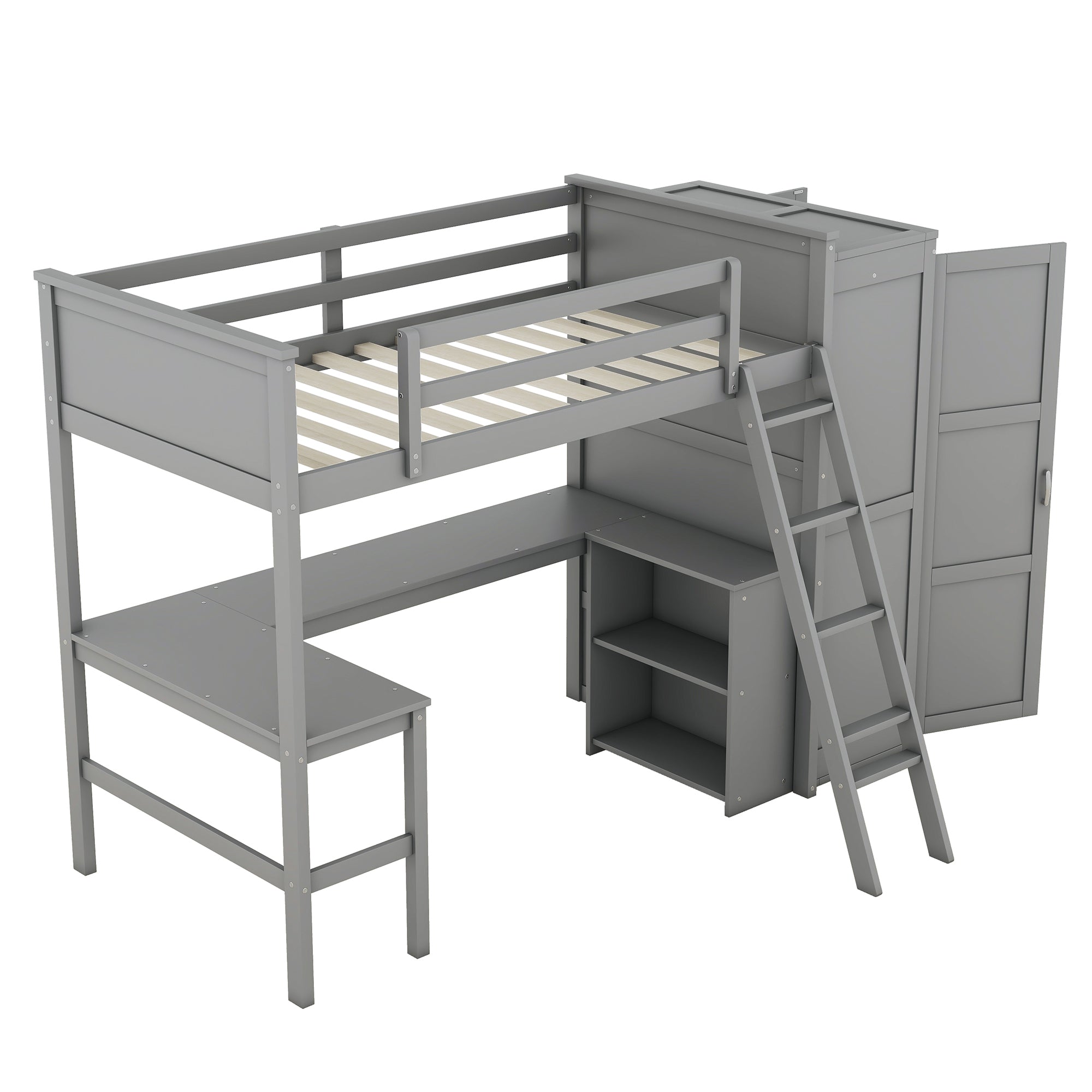 Twin size Loft Bed with Desk, Shelves and Wardrobe-Gray - Atlantic Fine Furniture Melbourne FL