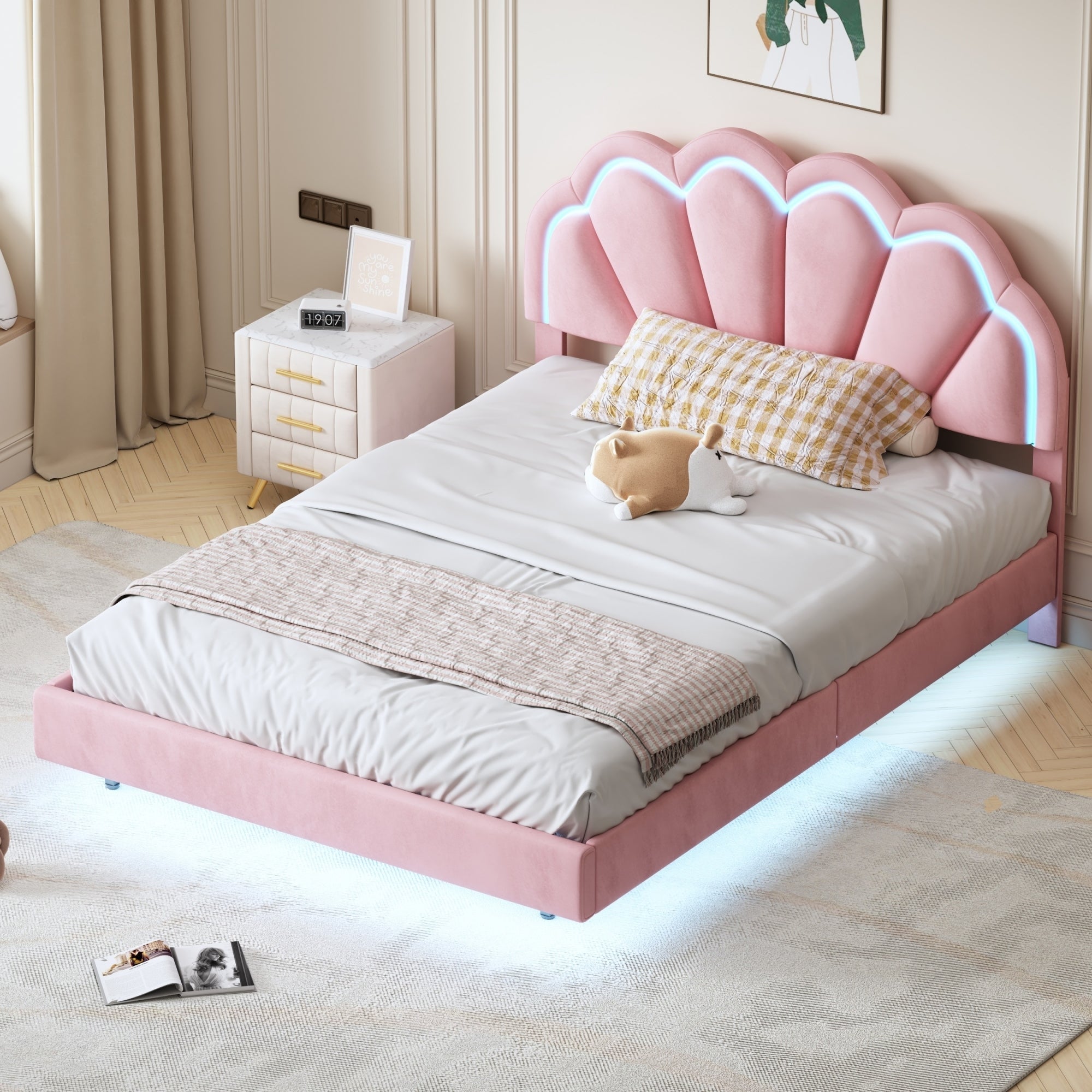 Full Upholstered Smart LED Bed Frame with Elegant Flowers Headboard,Floating Velvet Platform LED Bed with Wooden Slats Support,Pink - Atlantic Fine Furniture Melbourne FL