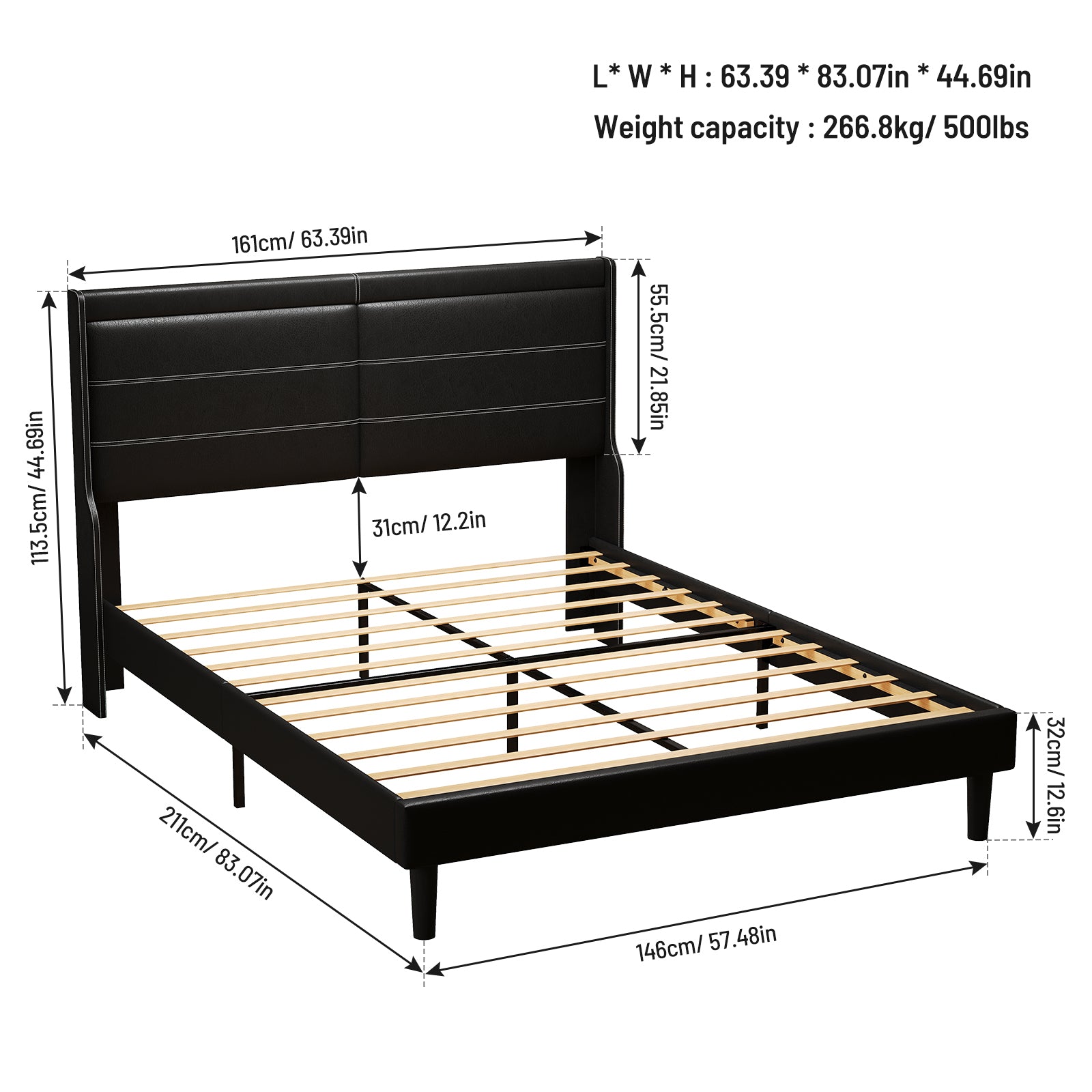 Stylish Queen Size PU Leather Upholstered Bed Frame Platform Bed with Lights Stitched Wing-backed Headboard Strong Wooden Slats Bed Canopy No Box Spring Needed Black - Atlantic Fine Furniture Melbourne FL