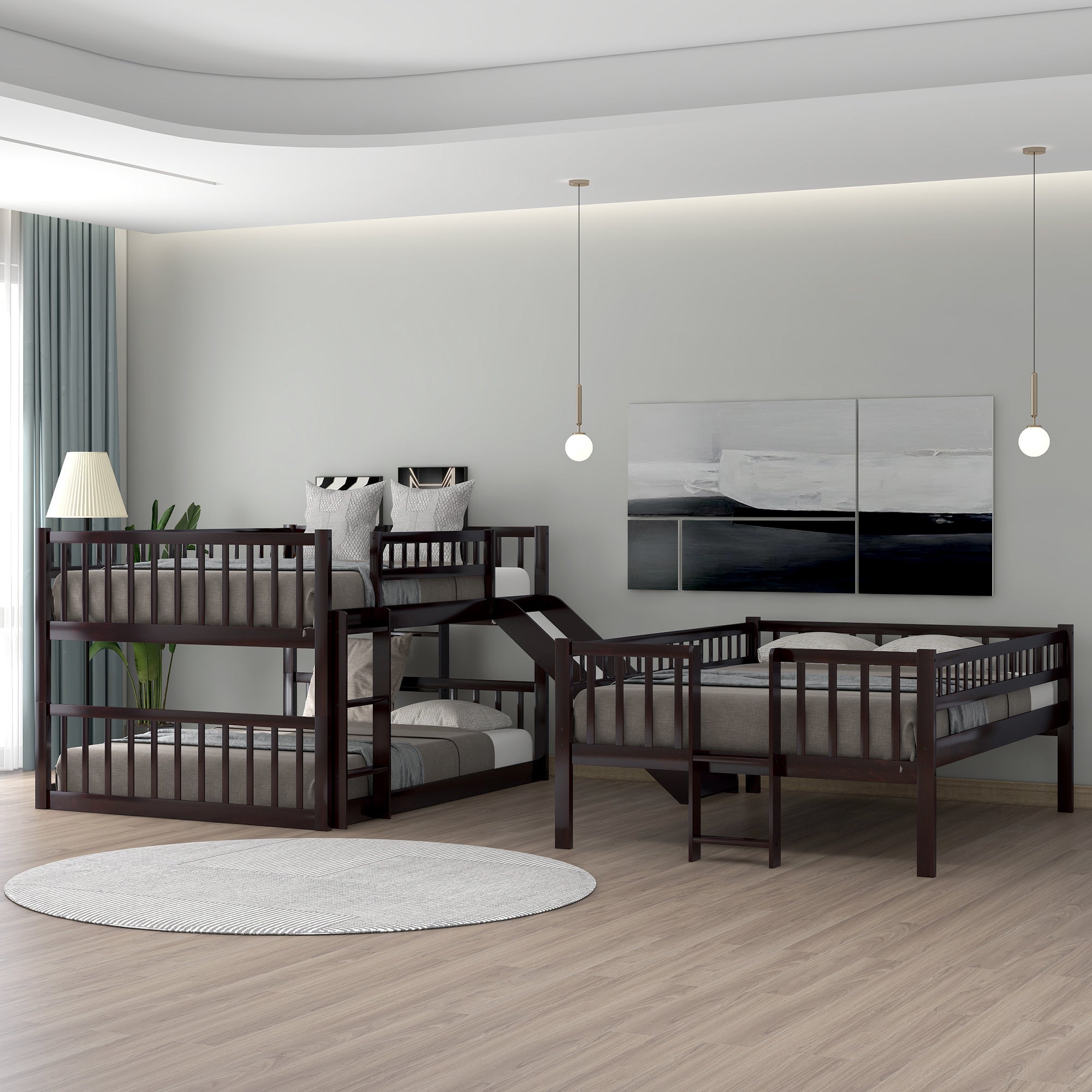 Full-Over-Full-Over-Full Triple Bed with Built-in Ladder and Slide , Triple Bunk Bed with Guardrails, Espresso(OLD SKU :LP000052AAP) - Atlantic Fine Furniture Melbourne FL