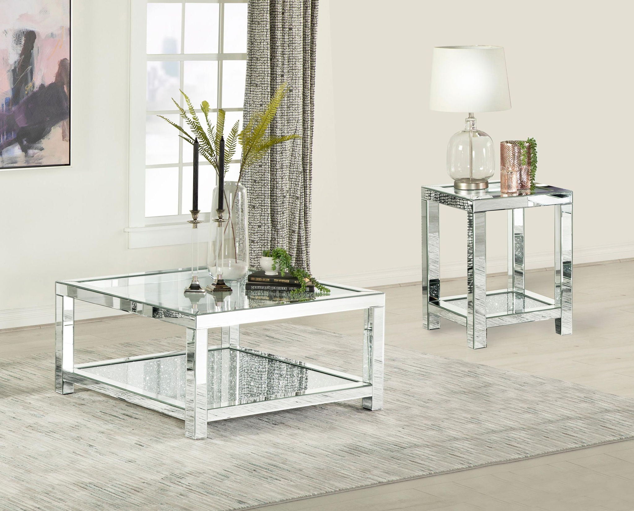 Valentina 2-piece Mirrored Coffee and End Table Set Silver