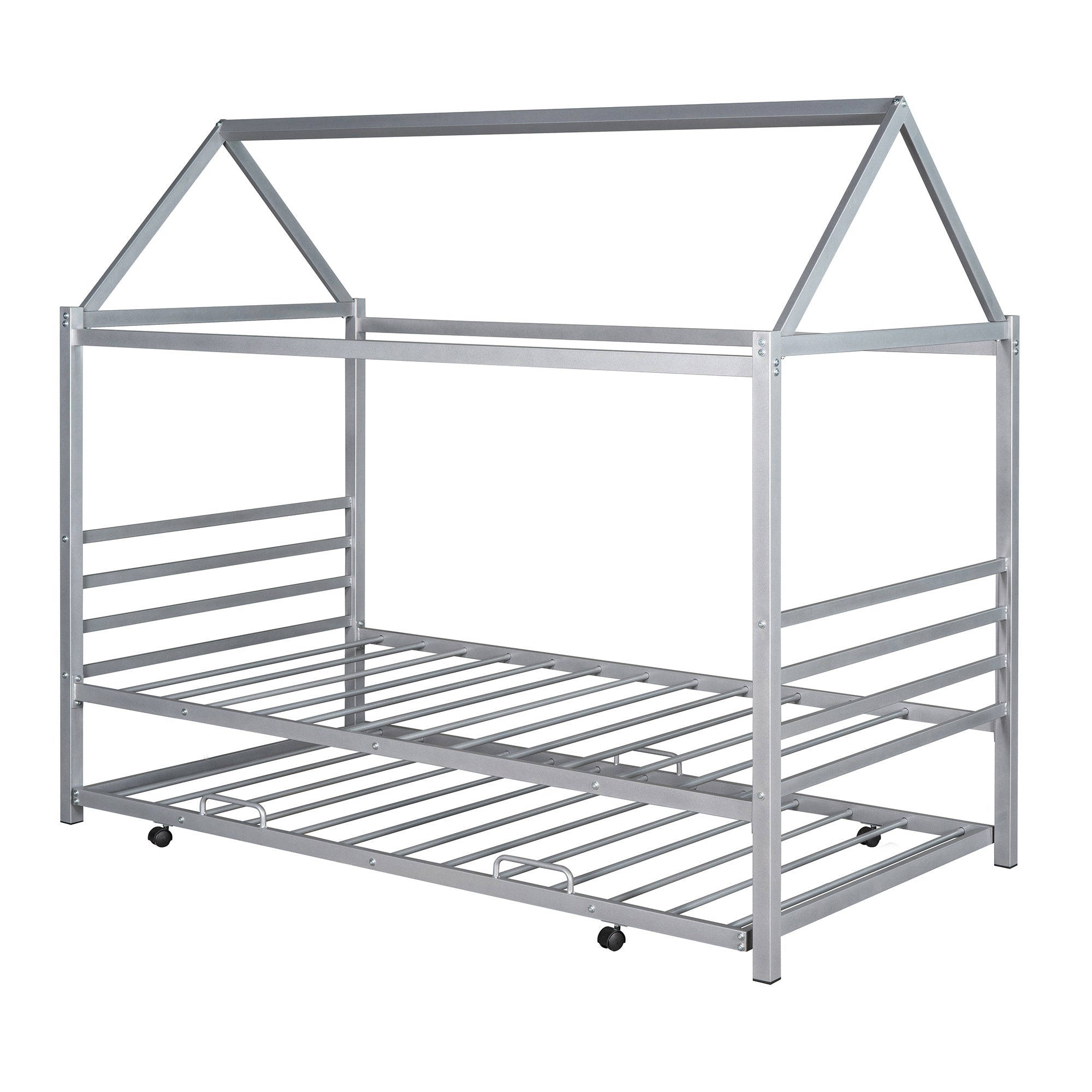Twin Size Metal House Shape Platform Bed with Trundle,Silver - Atlantic Fine Furniture Melbourne FL