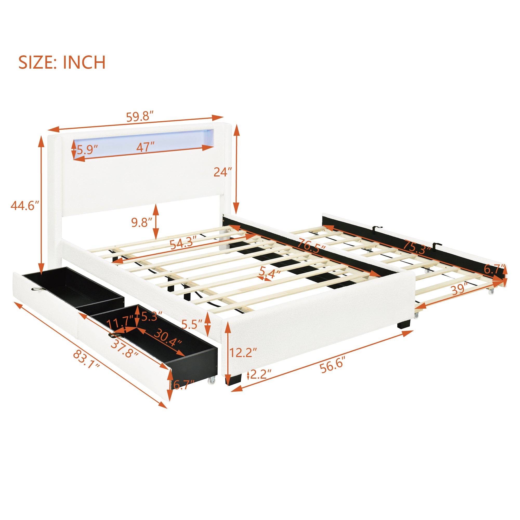 Full Size Upholstered Platform Bed with LED Frame, with Twin Size Trundle and 2 drawers, Teddy Fleece, White - Atlantic Fine Furniture Melbourne FL